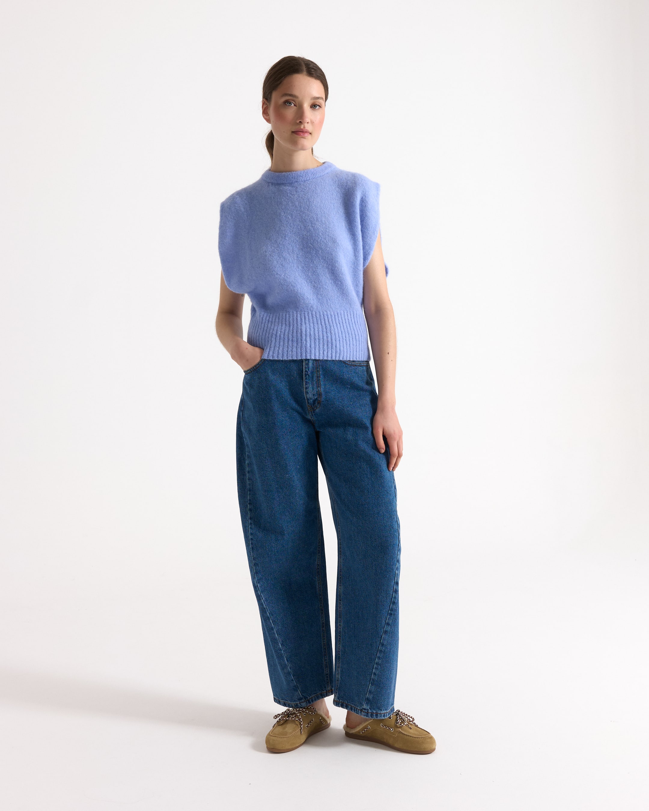 sweater, knitwear, light blue, crew neck, ribbed hem
