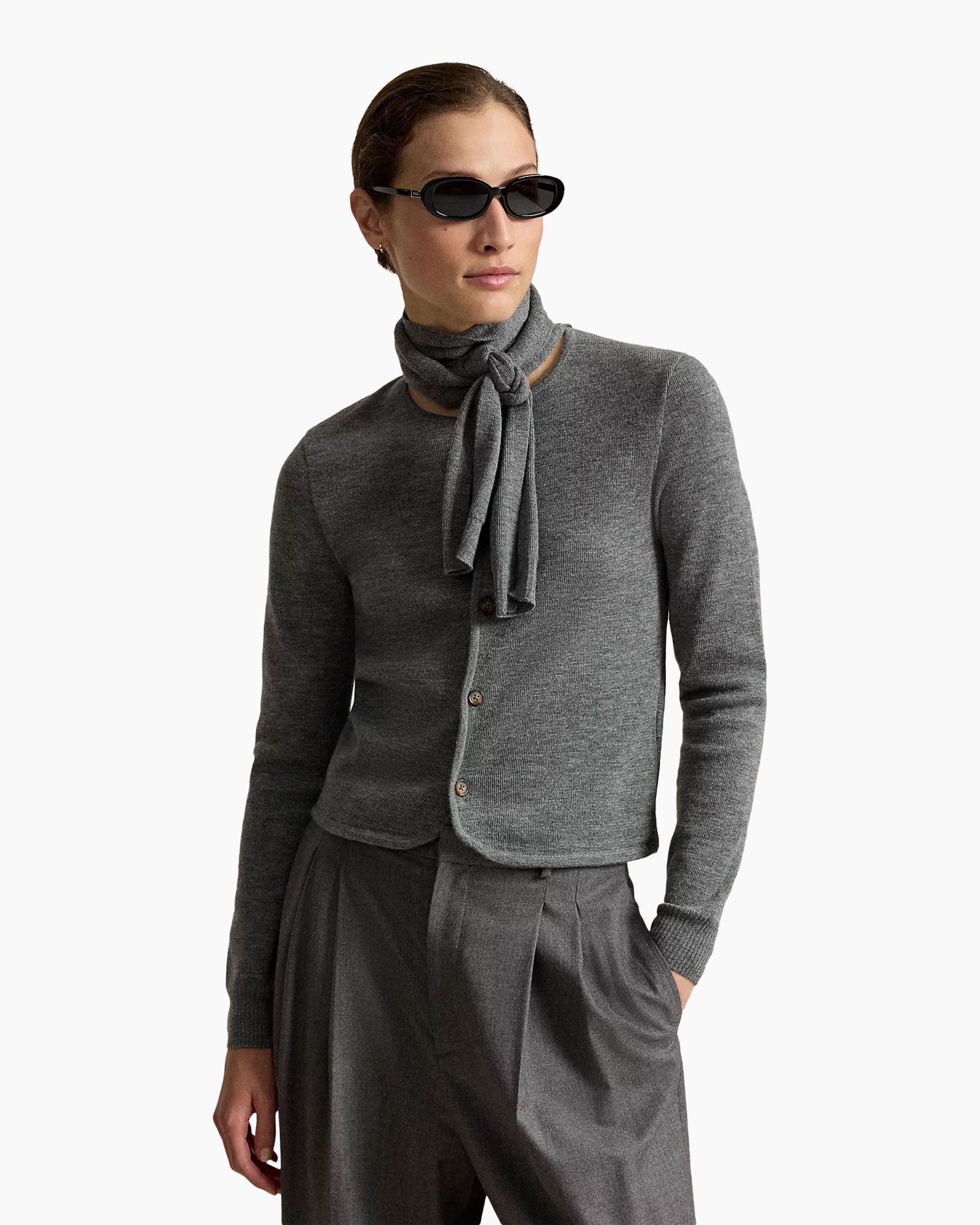 cardigan, buttoned, knit, scarf, gray
