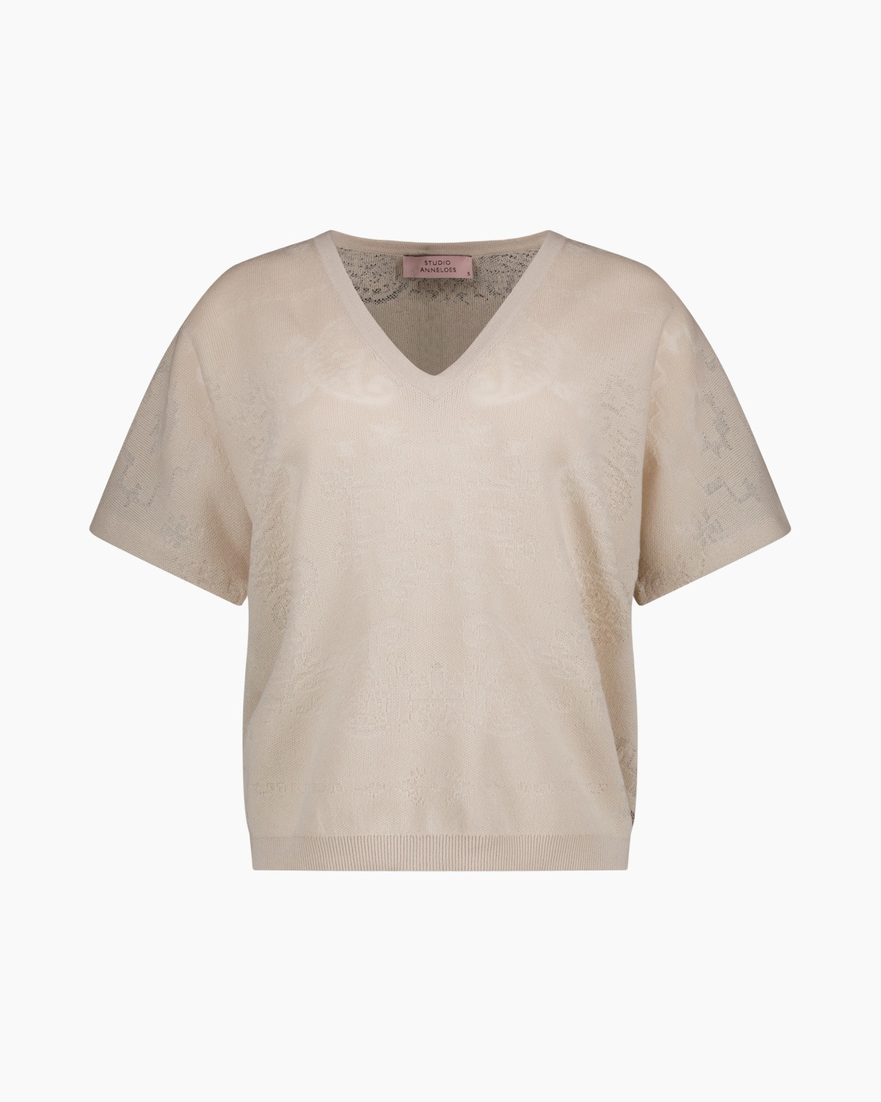 top, knit, beige, v-neck, short-sleeve