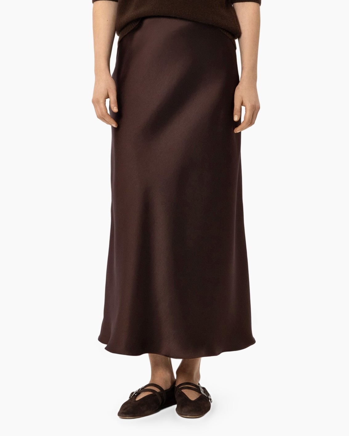 skirt, long, brown, satiny, slip-on flats