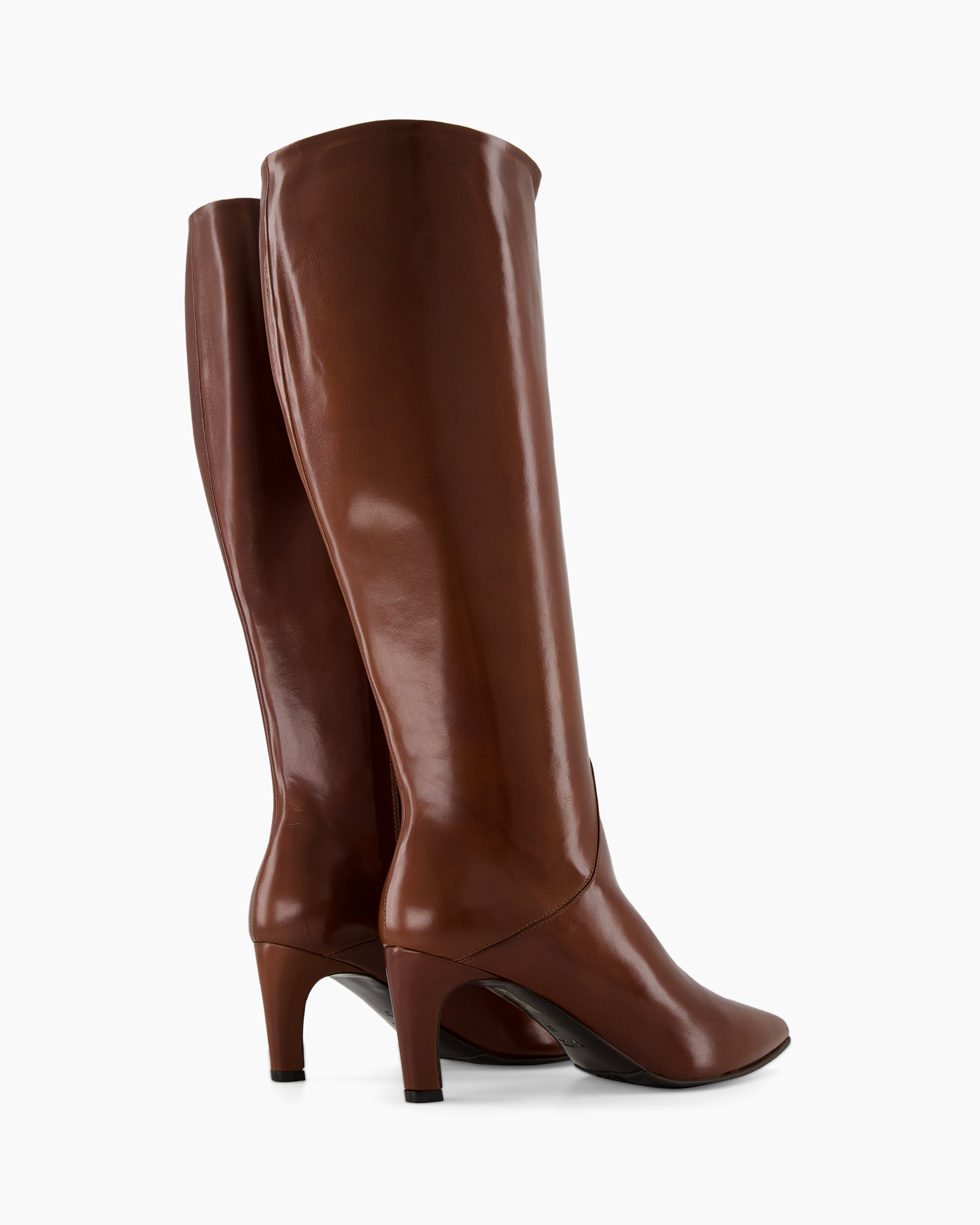 knee-high boots, brown leather, mid heel, slouchy shaft, pointed toe