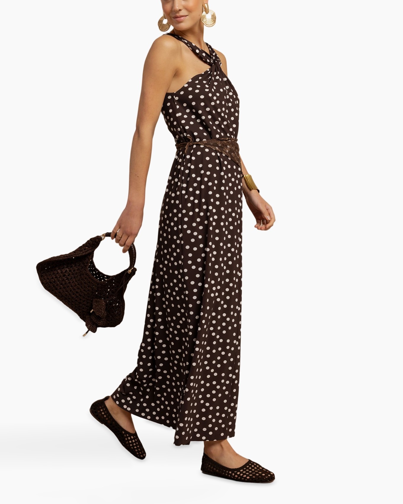 dress, maxi dress, polka dot, brown, halter neck