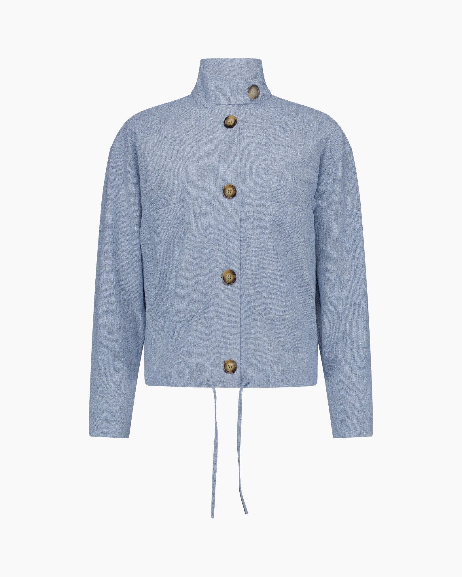 light_blue, denim, buttoned jacket, high collar, drawstring hem