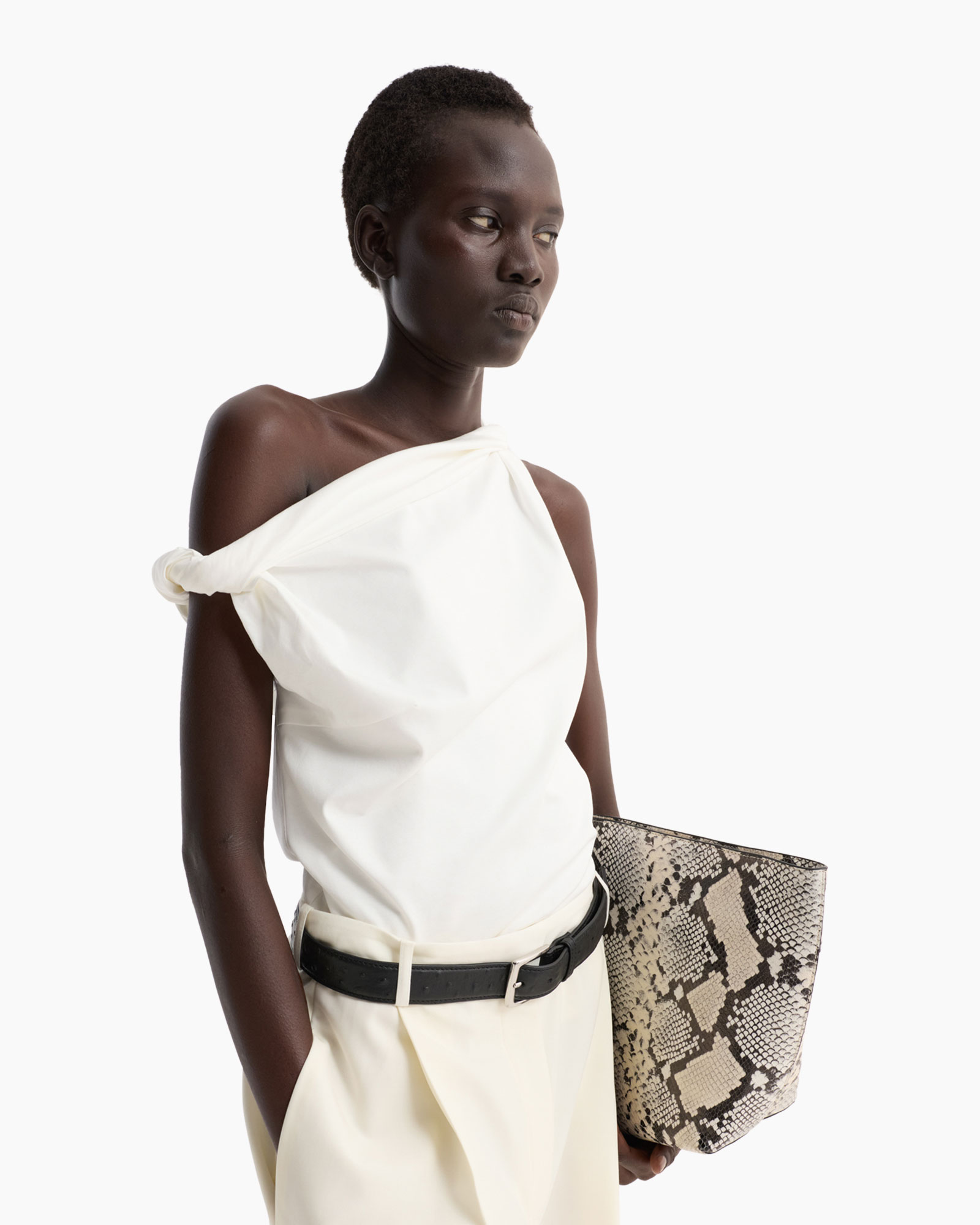 one-shoulder, white-dress, belt, clutch, snake-skin-pattern