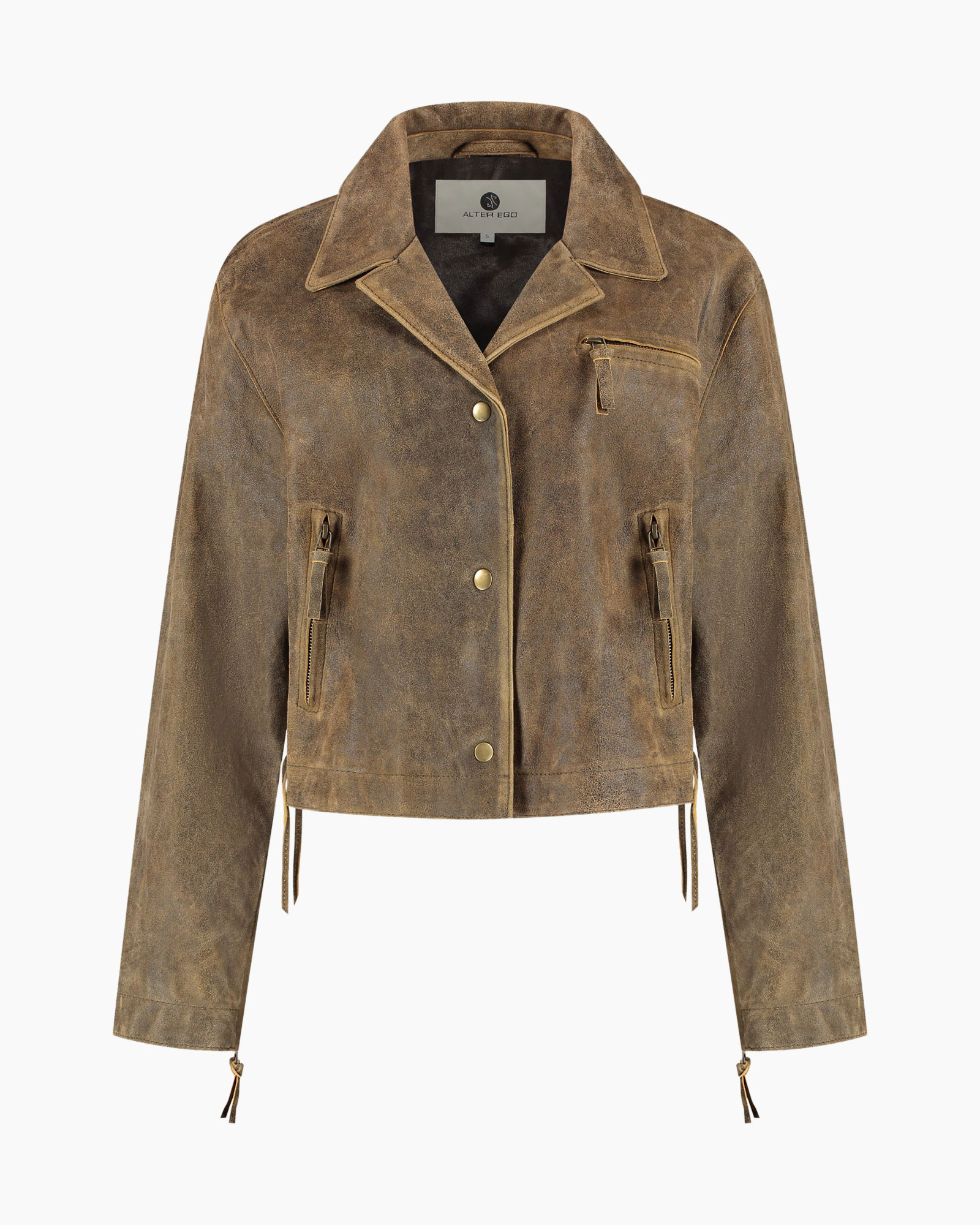 leather jacket, brown, zip pockets, snap buttons, collar jacket