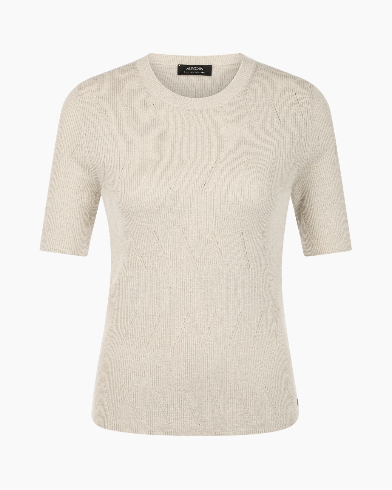 knit sweater, short sleeve, beige, textured pattern, crew neck