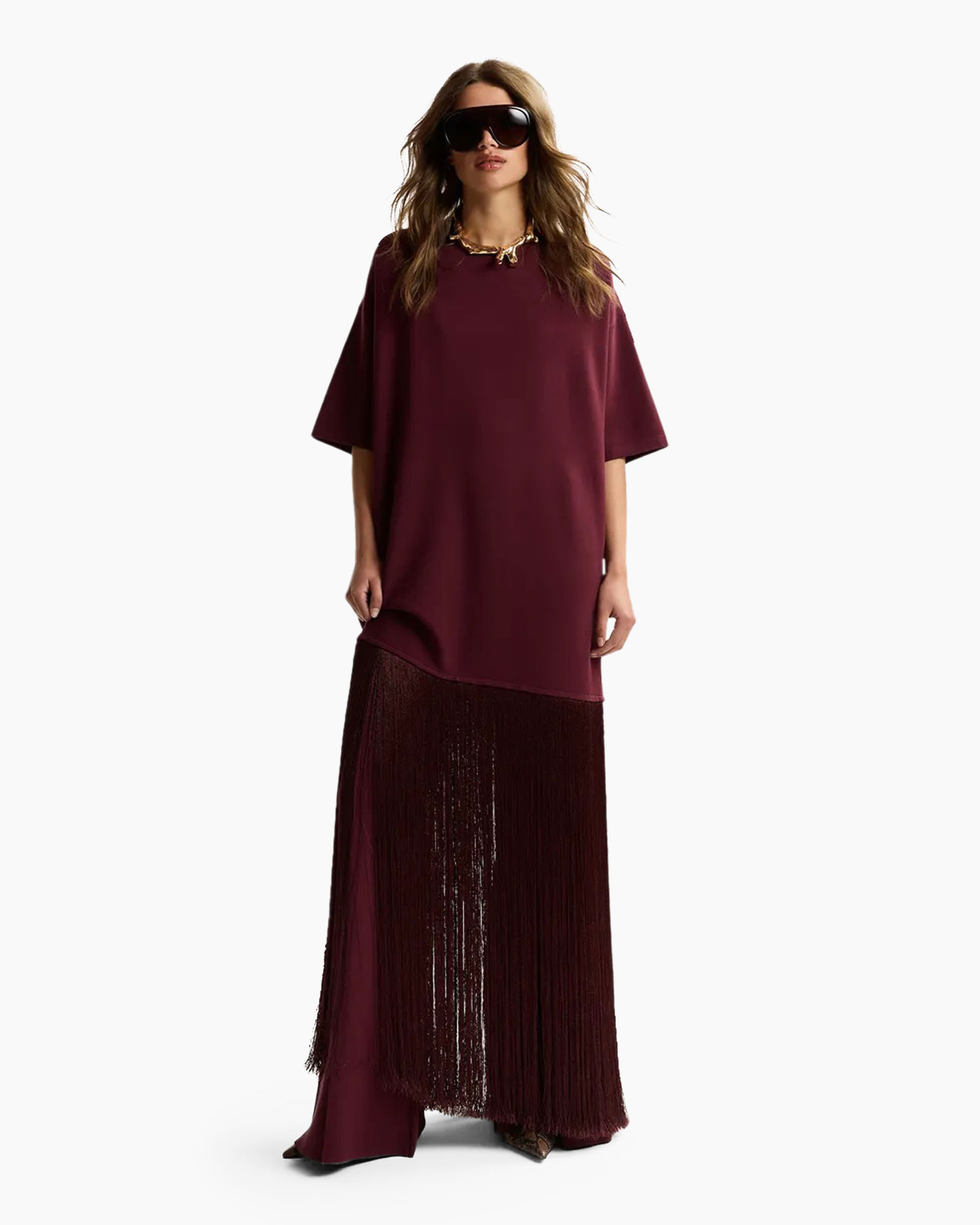 dress, midi dress, burgundy, fringe, short-sleeve