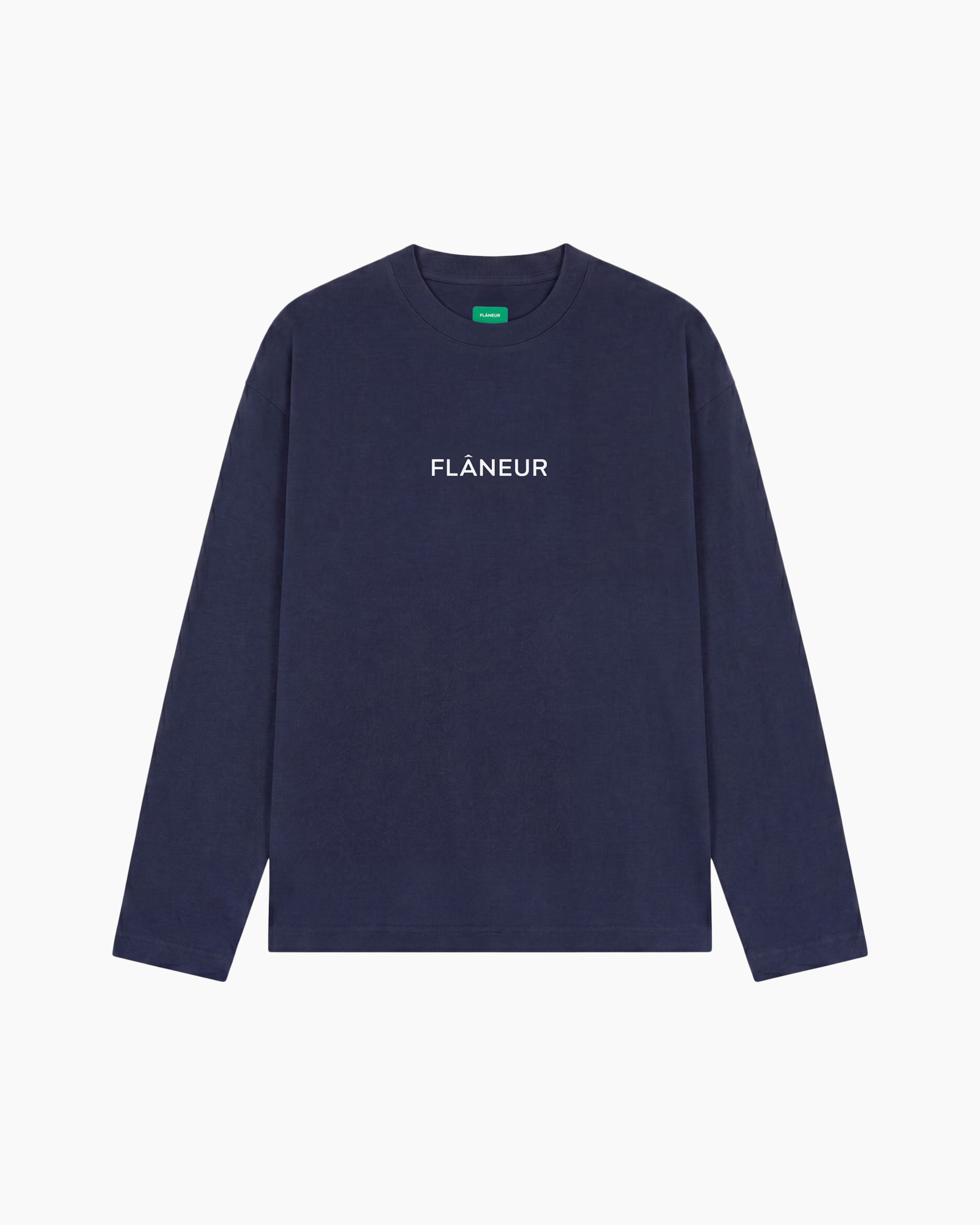 long-sleeve, blue, crew-neck, t-shirt, minimal-logo