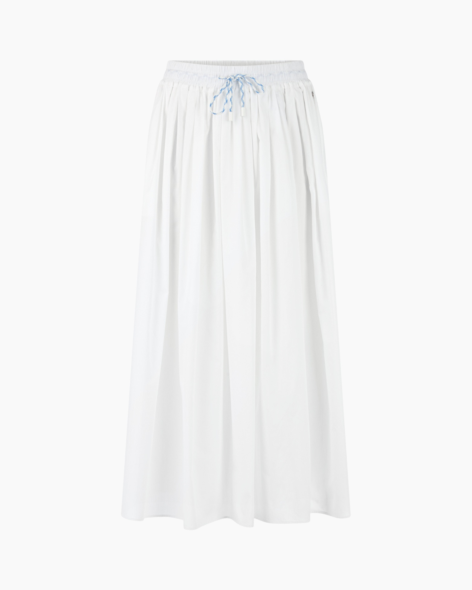 white skirt, long skirt, drawstring, elastic waist, plain fabric