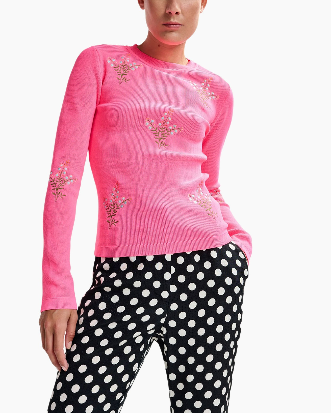 pink sweater, embroidered flowers, long sleeve, knit, women