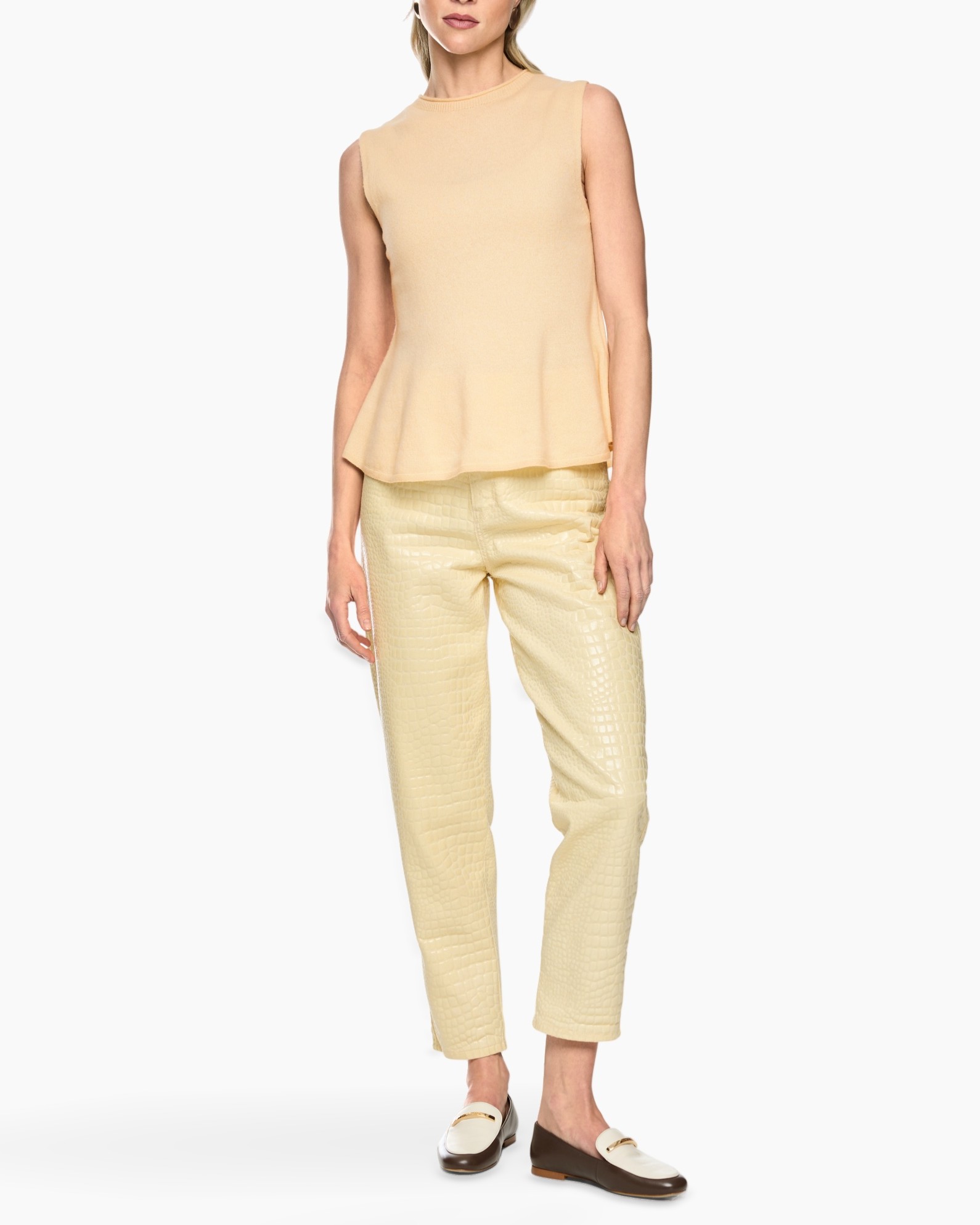 top, peplum, sleeveless, beige, pants, cropped, crepe, textured
