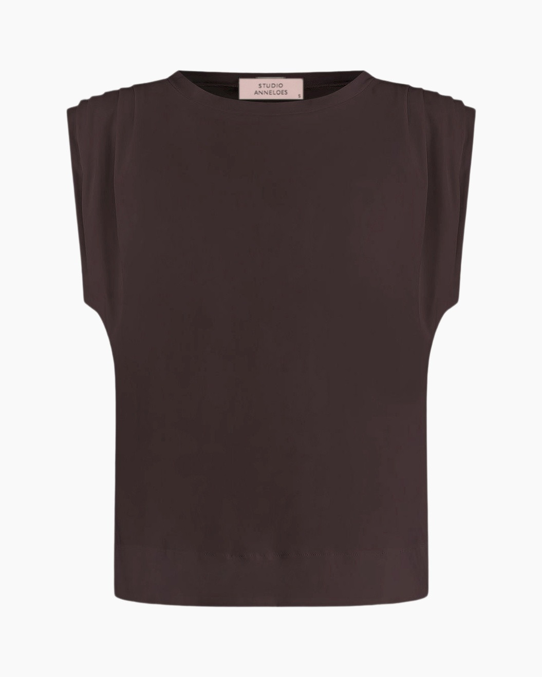 top, sleeveless, brown, solid, linen? fabric