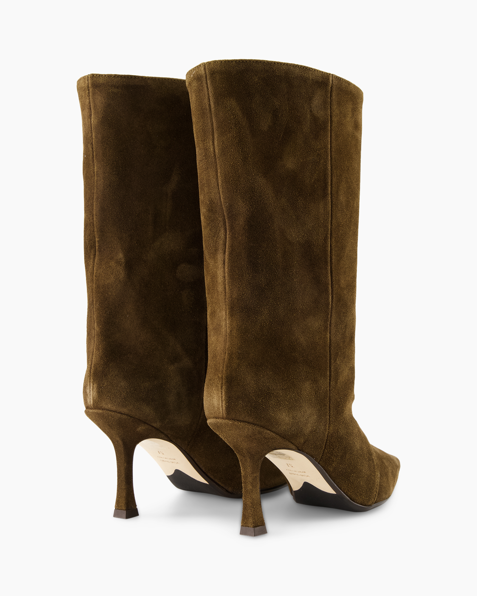 knee-high boots, mid-calf boots, brown suede, stiletto heel, pair