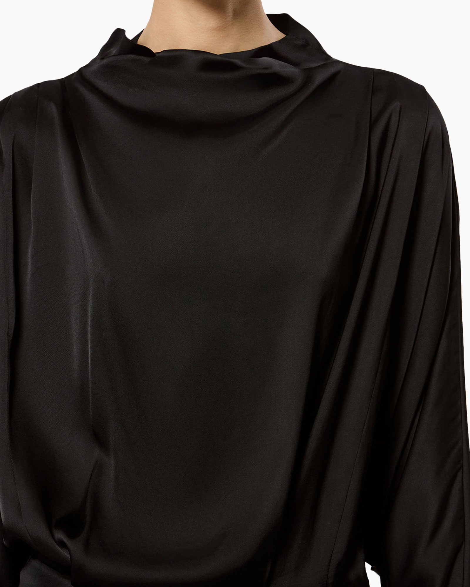 black blouse, silk-like, crew neck, long sleeves, plain