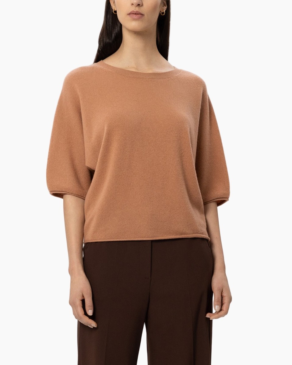 top, pullover, knit, short-sleeve, rose-beige