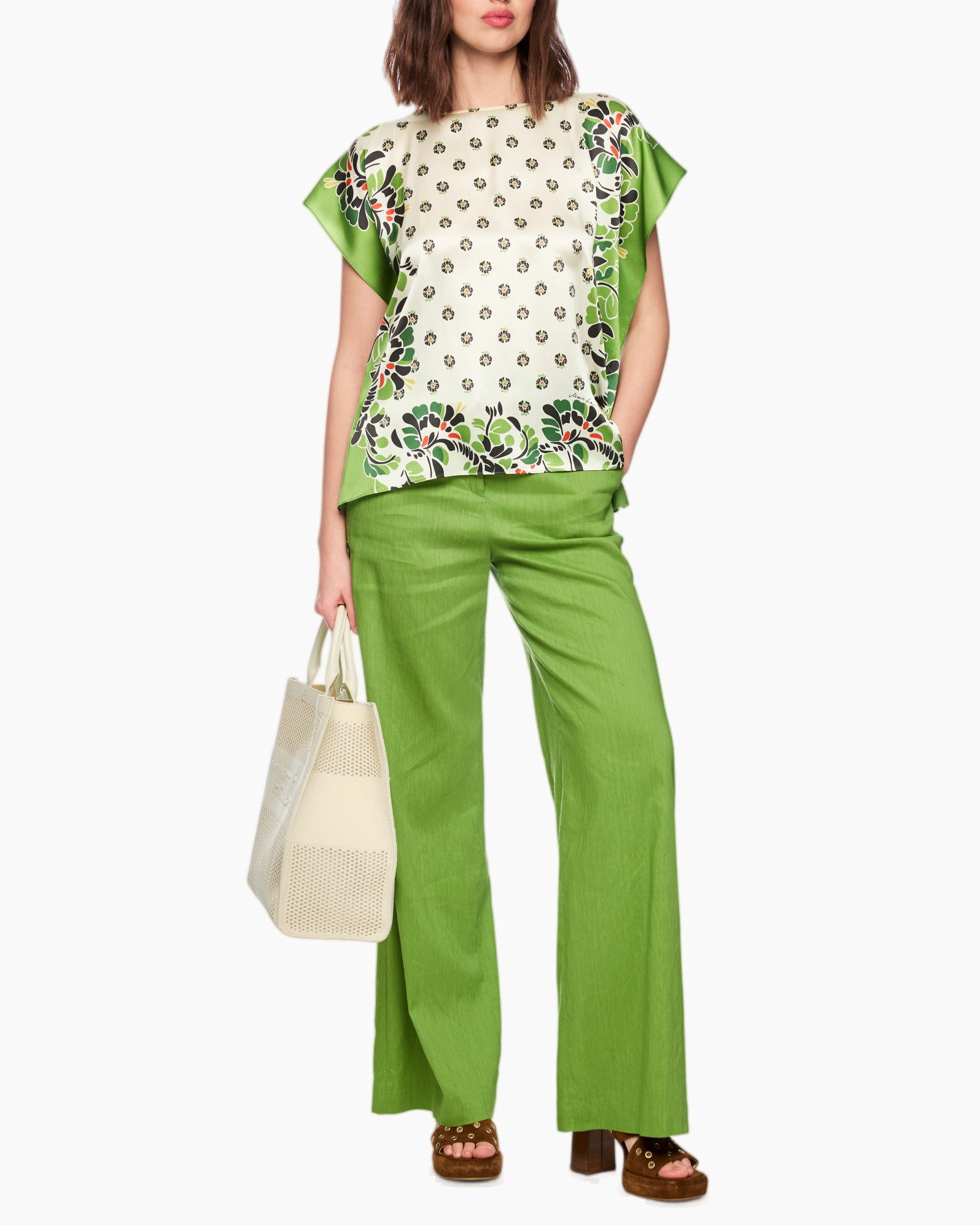 top, pants, green, pattern, bag