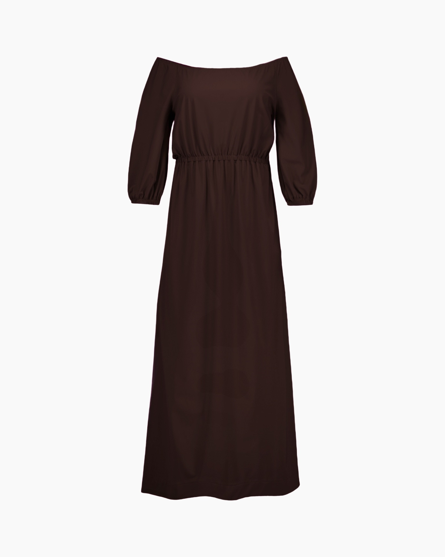 off-shoulder, maxi dress, brown, elastic waist, 3/4 sleeve