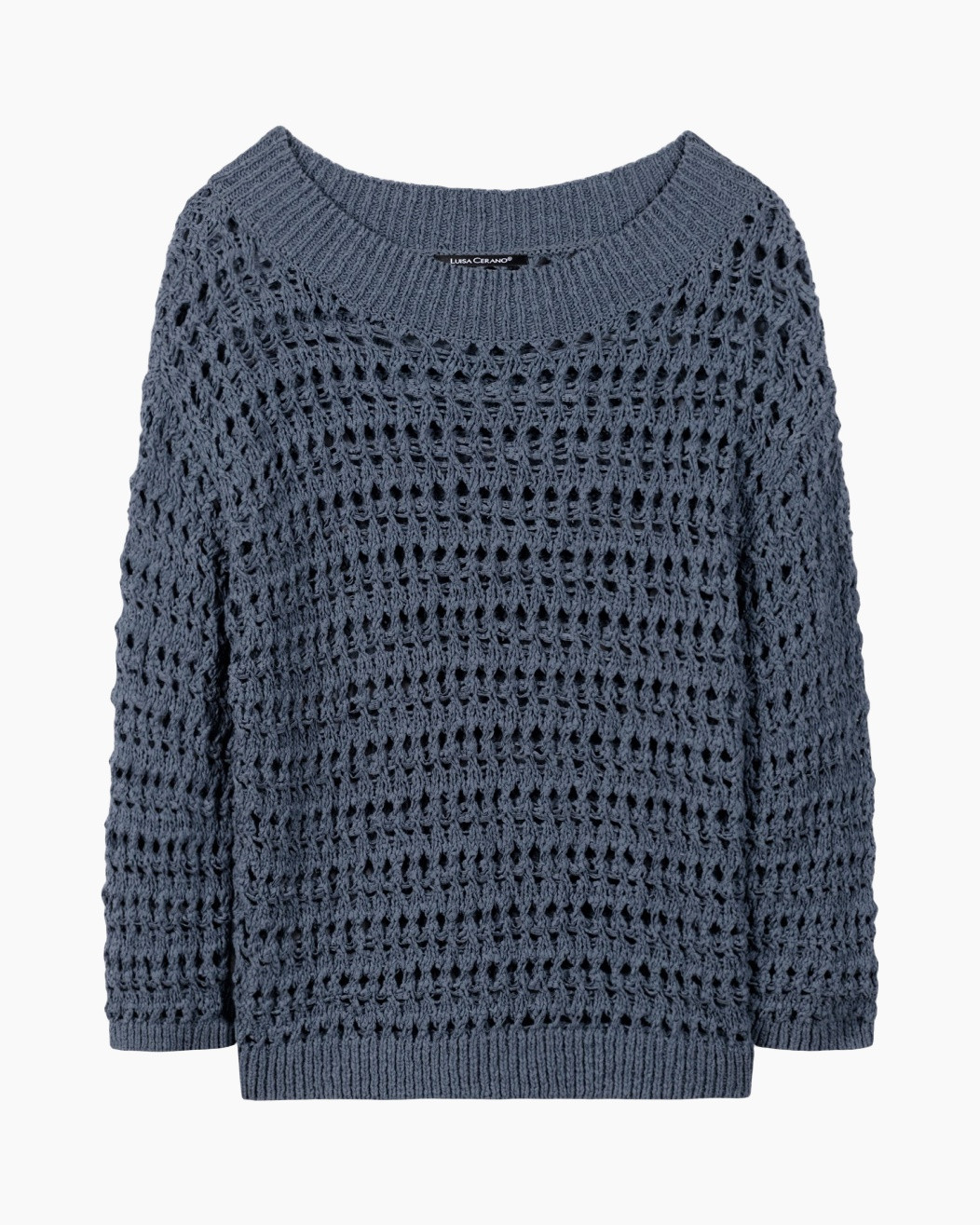 knit sweater, crochet knit, pullover, loose weave, bluish gray