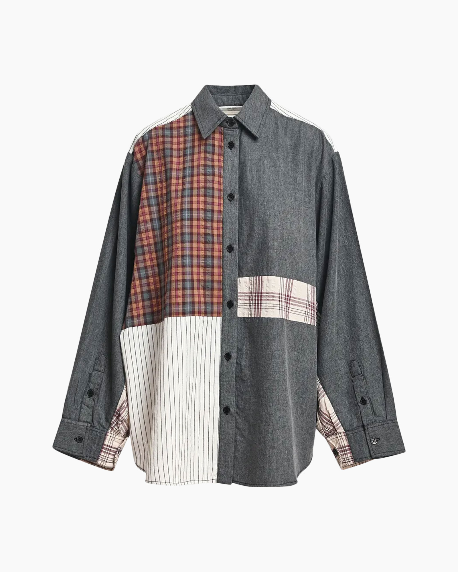 shirt, patchwork, plaid, denim, long-sleeve