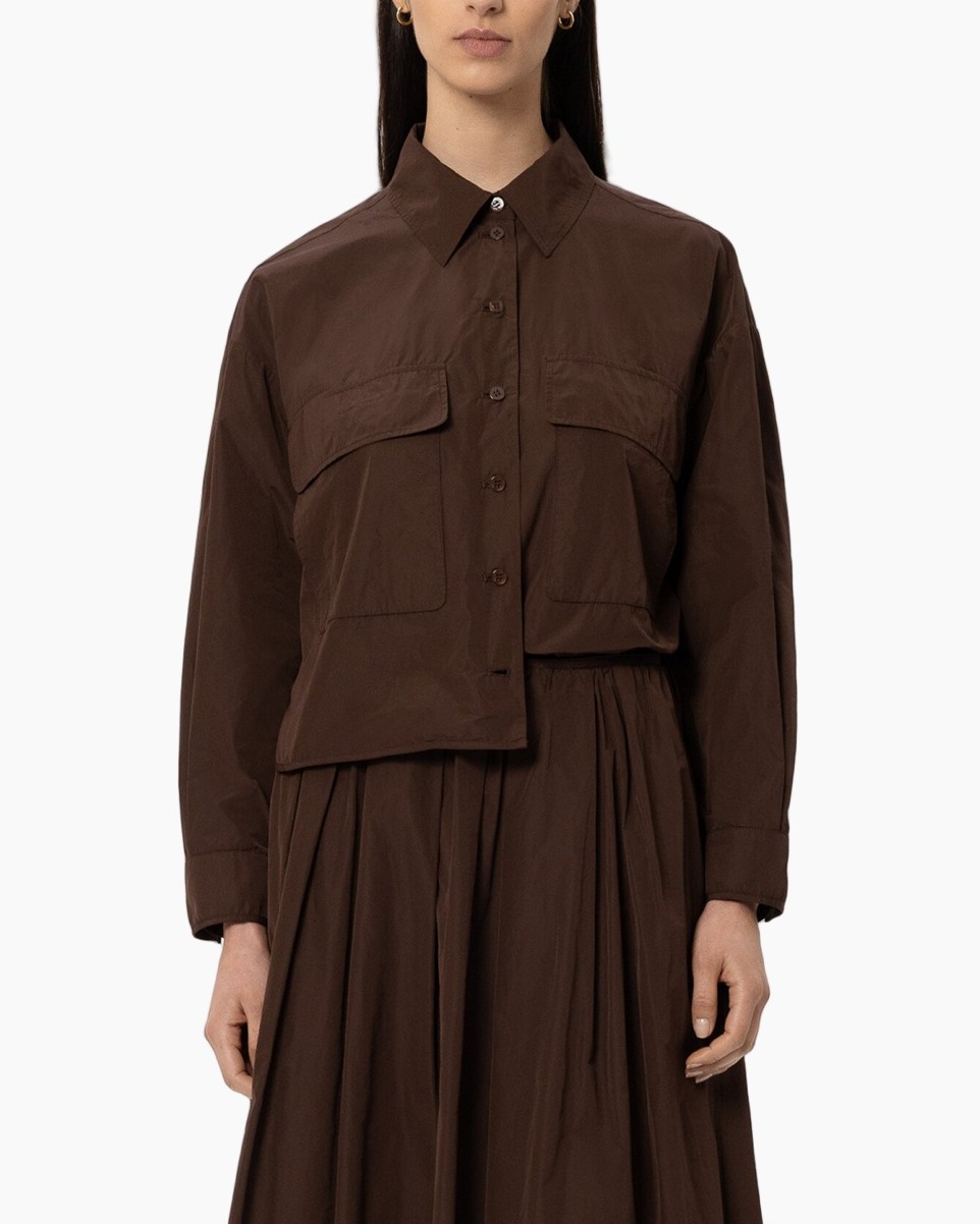 brown, shirt, button-down, pockets, collared
