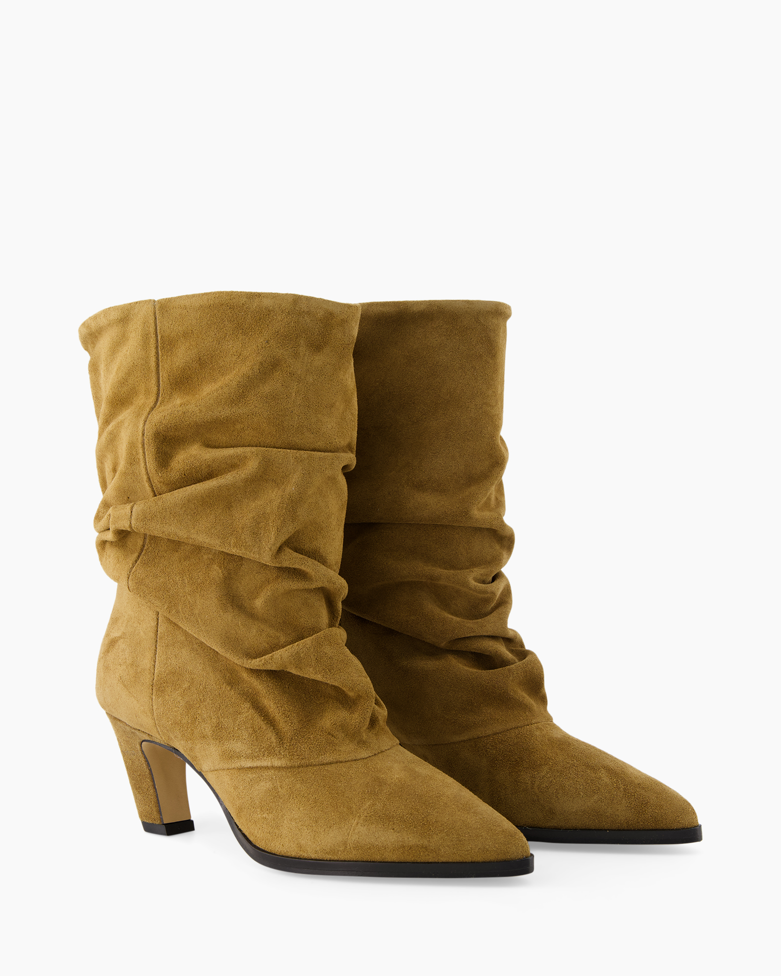 ankle boot, suede, ruched, camel, mid heel