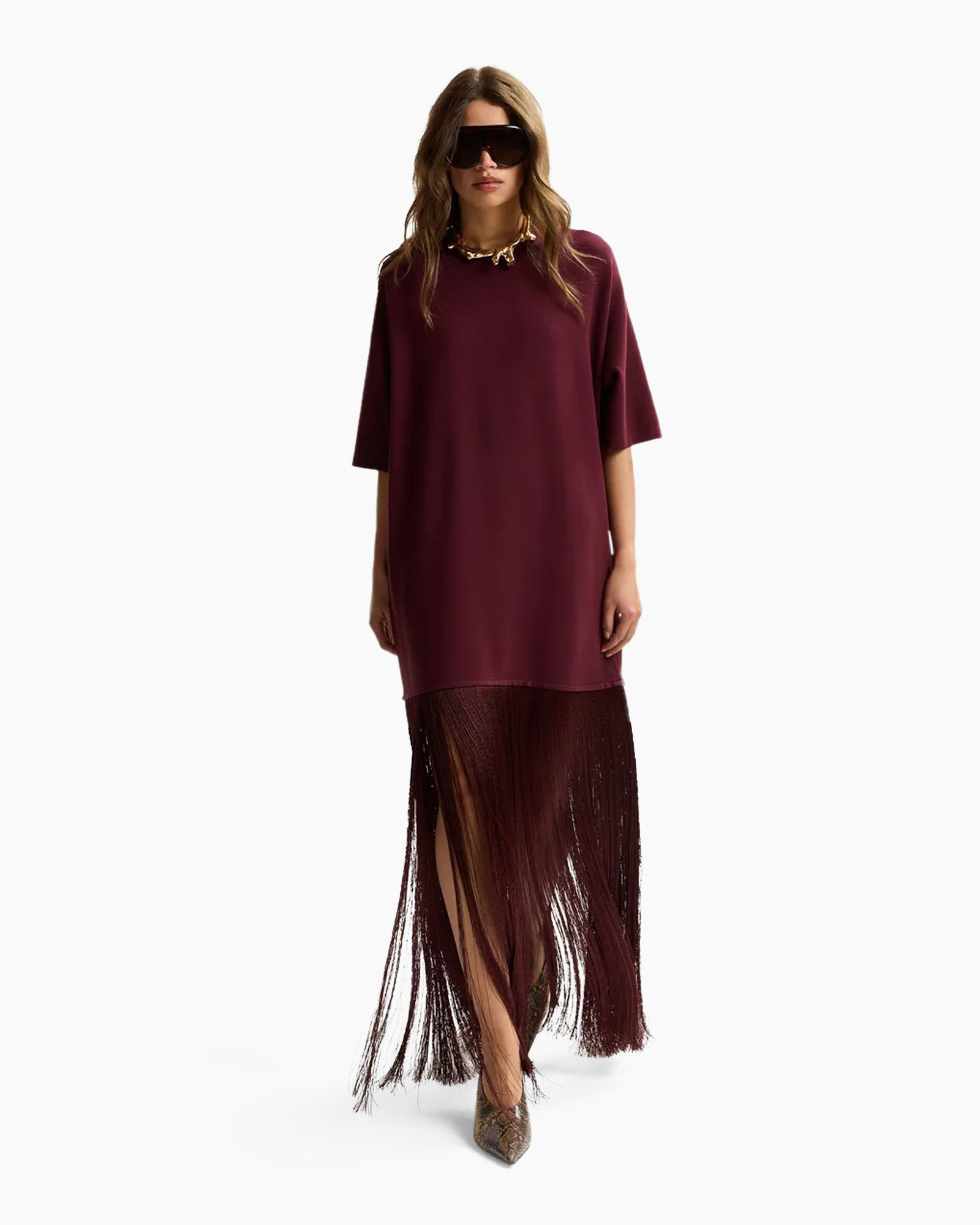 dress, burgundy, long, fringe, sleeveless?, not necessary, sleeve short?