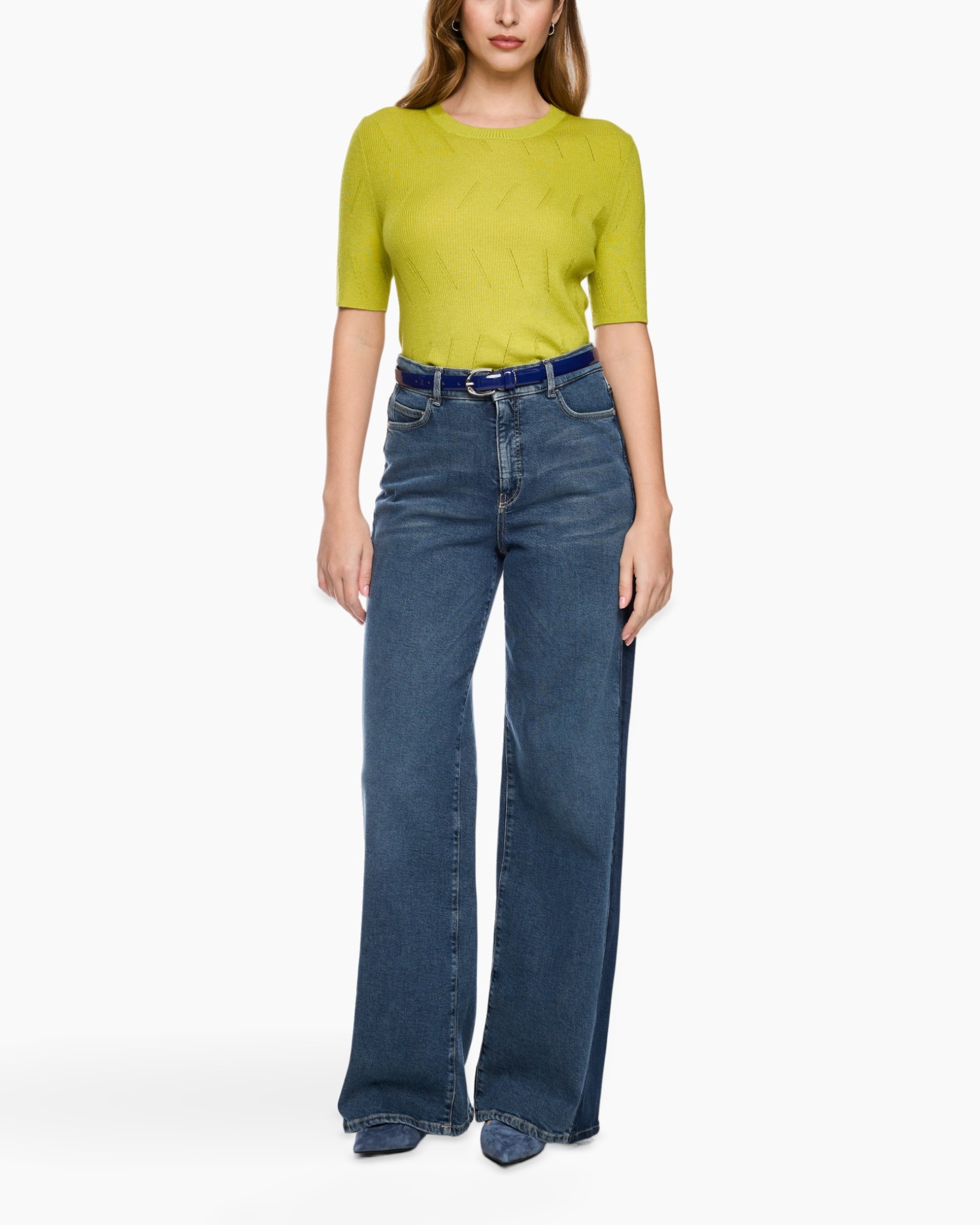 top, short sleeve, lime green, knit, wide leg jeans