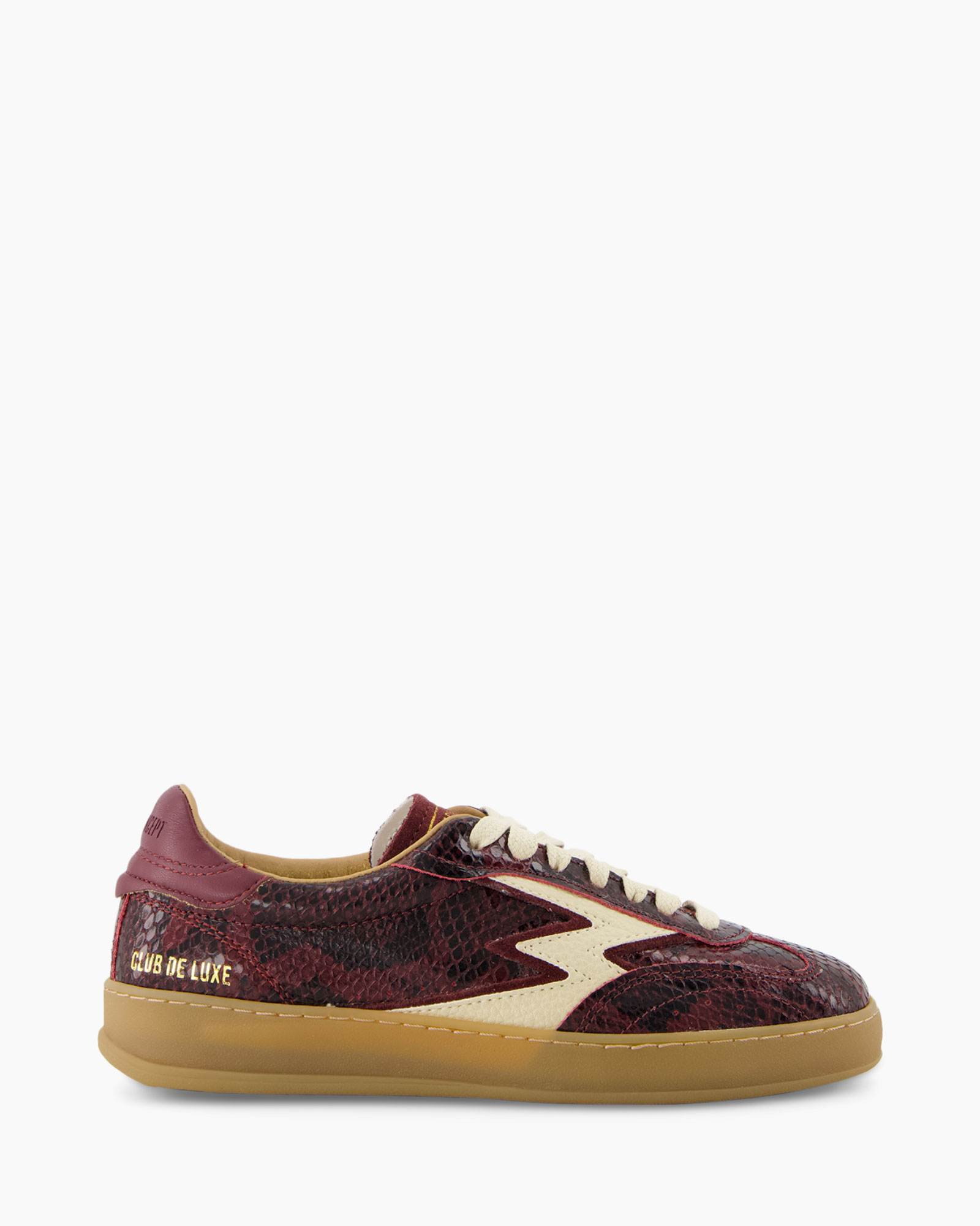 sneaker, shoe, low-top, maroon, snake-embossed