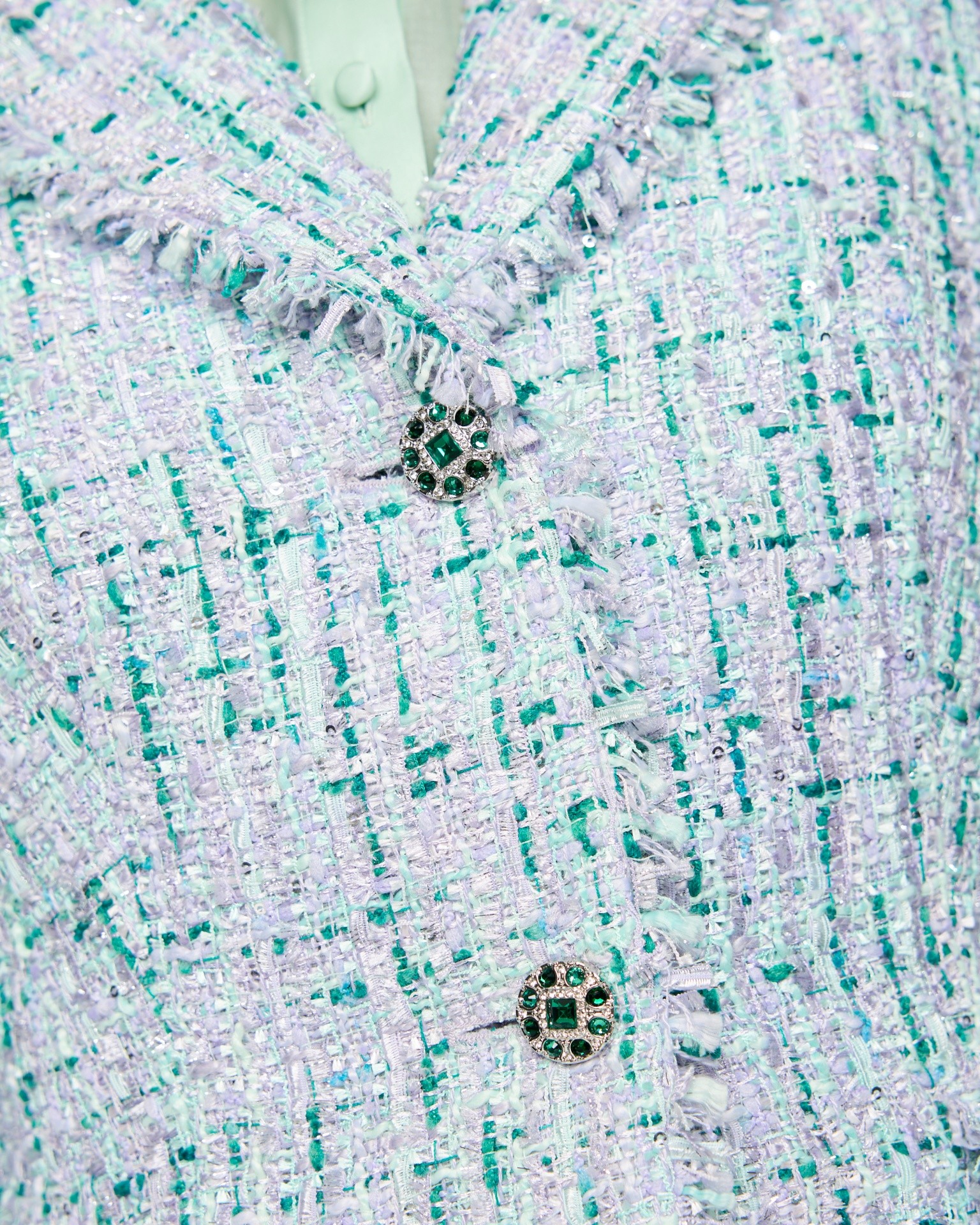 tweed, jacket, gem buttons, fringed, mint green