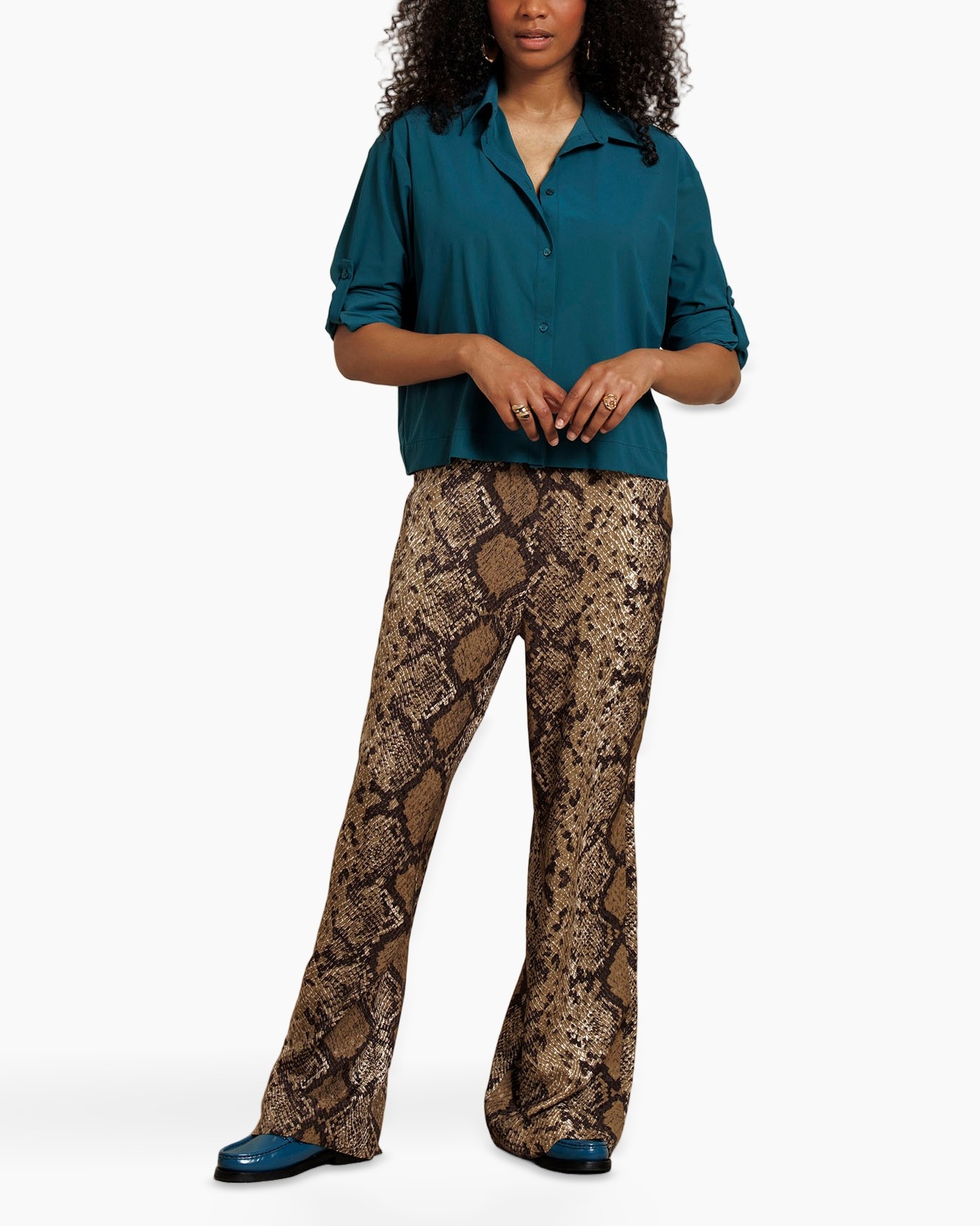 snake print, wide-leg pants, brown pants, fashion pants, patterned fabric
