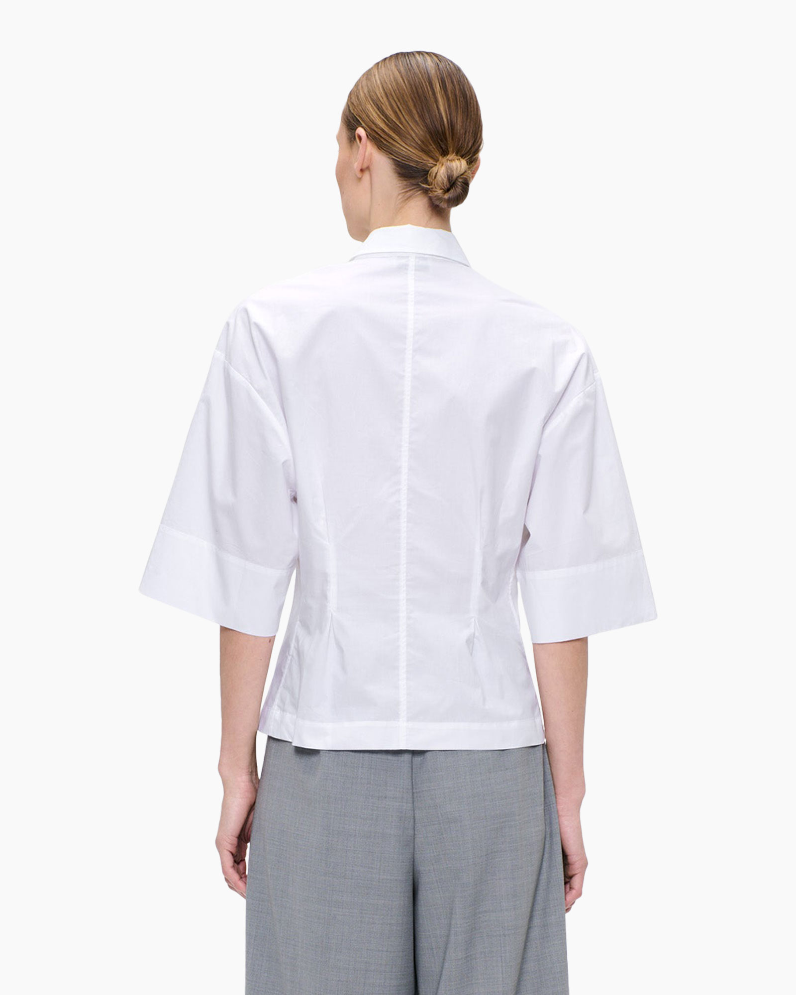 white shirt, button-down, collared shirt, short sleeve, women's blouse