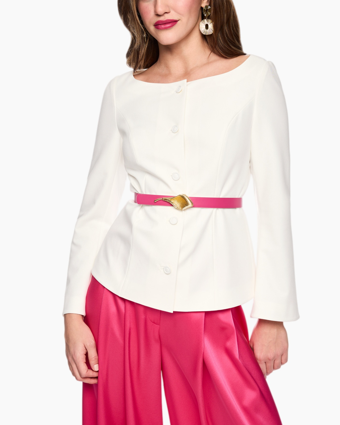 white blouse, buttoned top, pearl buttons, pink belt, pink trousers
