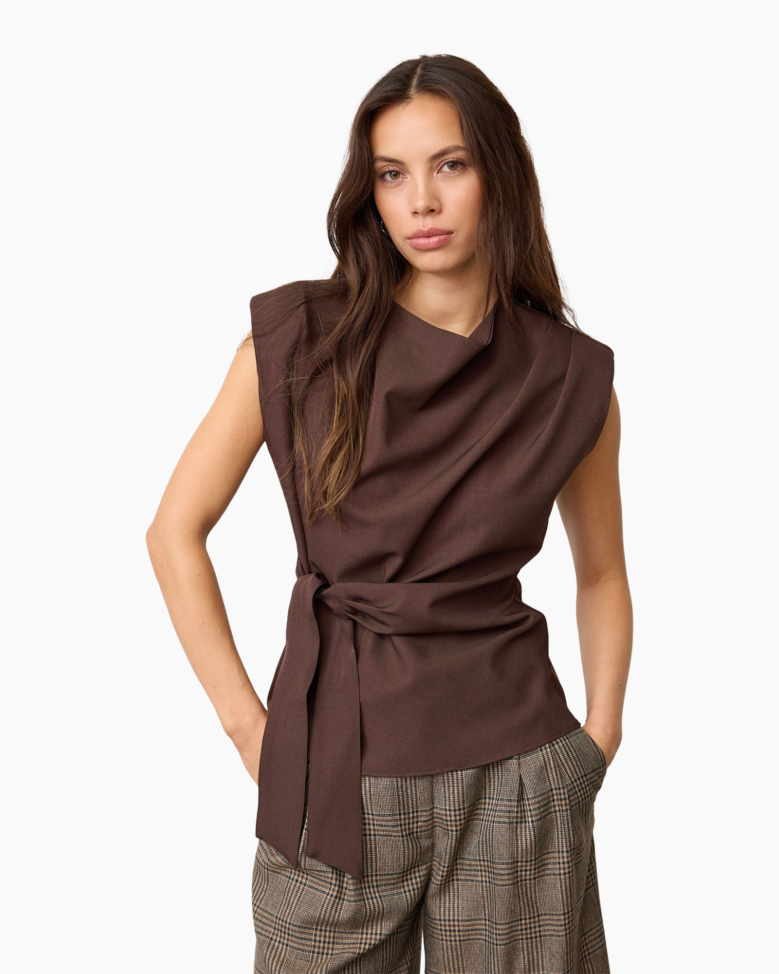 top, brown, sleeveless, wrap, belted