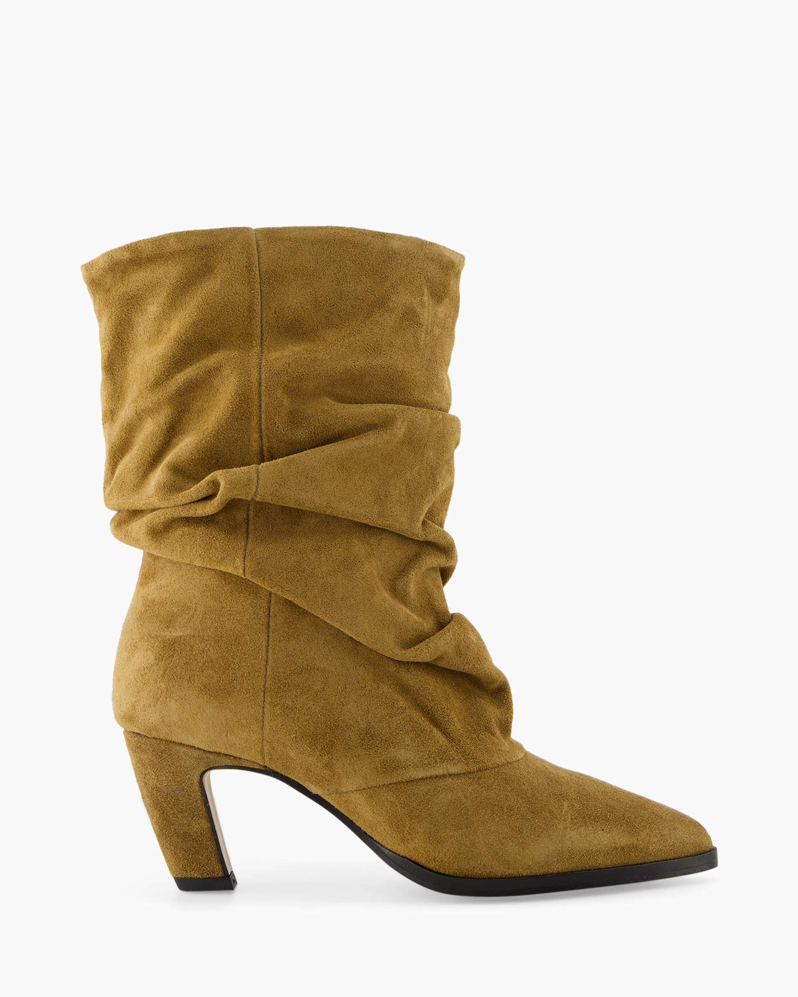 ankle boot, suede, ruched, camel, mid heel