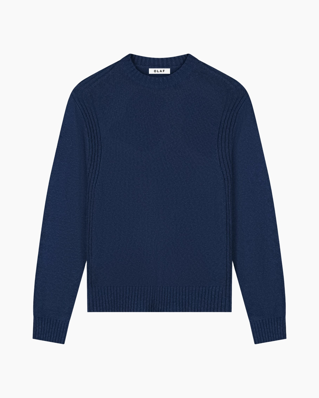 sweater, knit, crew neck, navy, ribbed hem