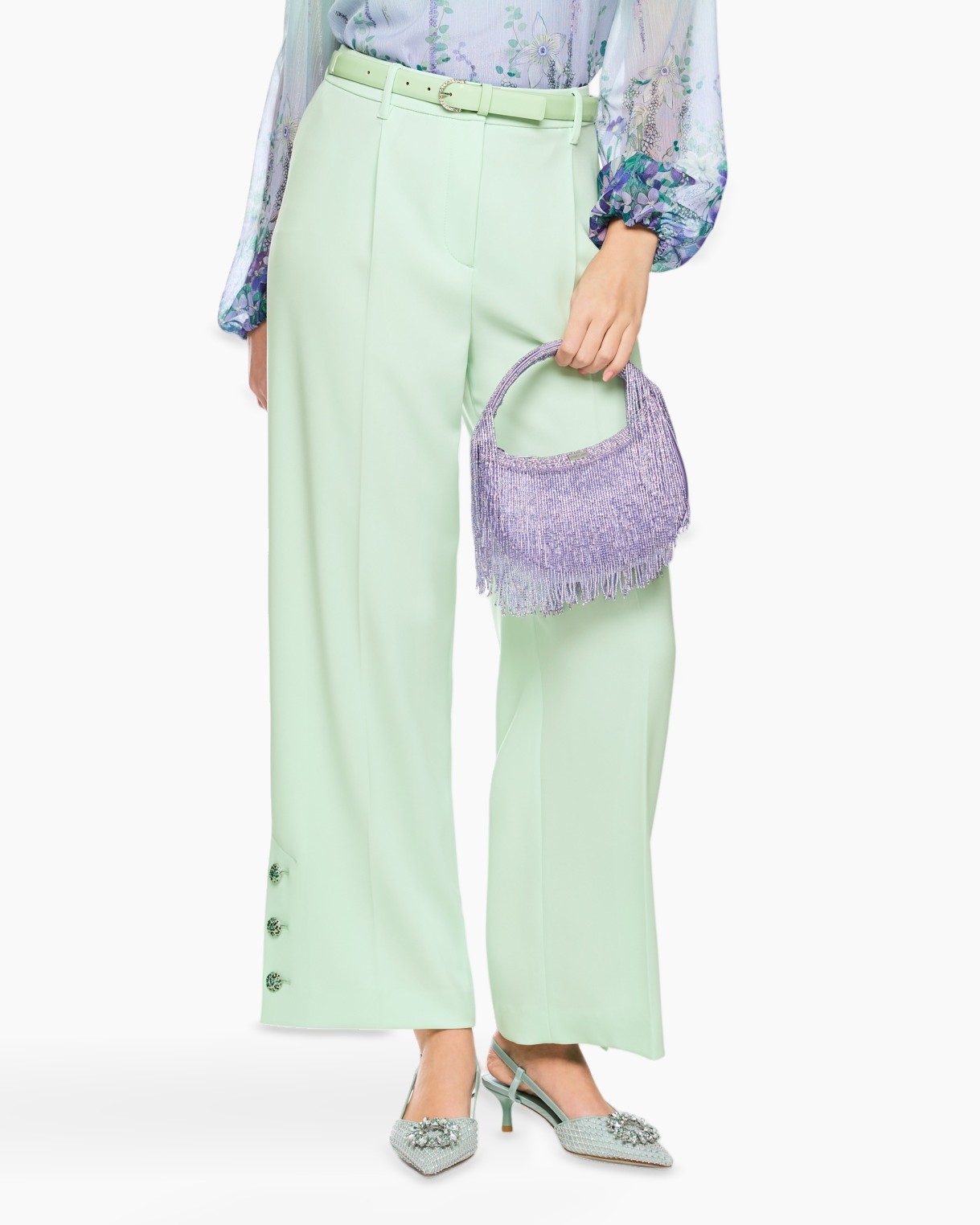 pants, wide-leg, mint, high-waisted, button-detail