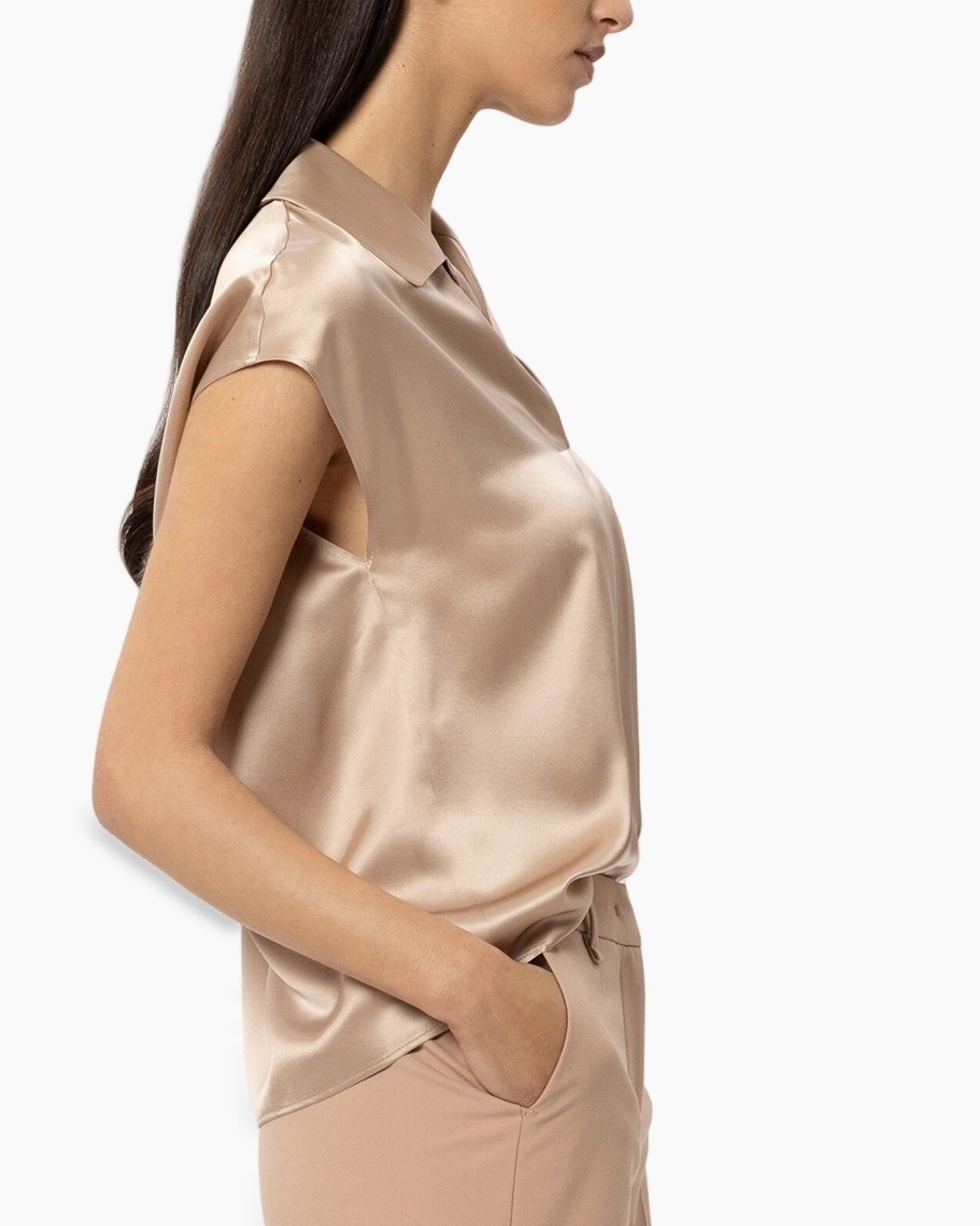 silk, blouse, beige, short sleeves, collared