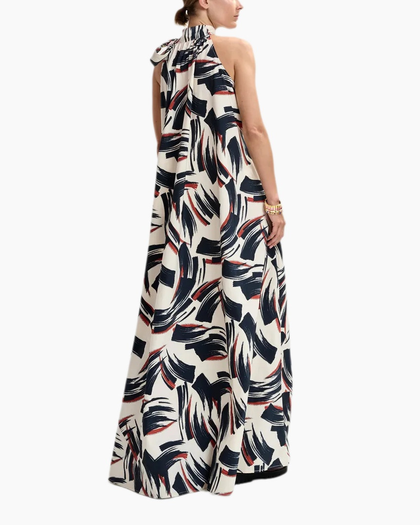 maxi dress, halterneck, abstract print, cream, floor-length