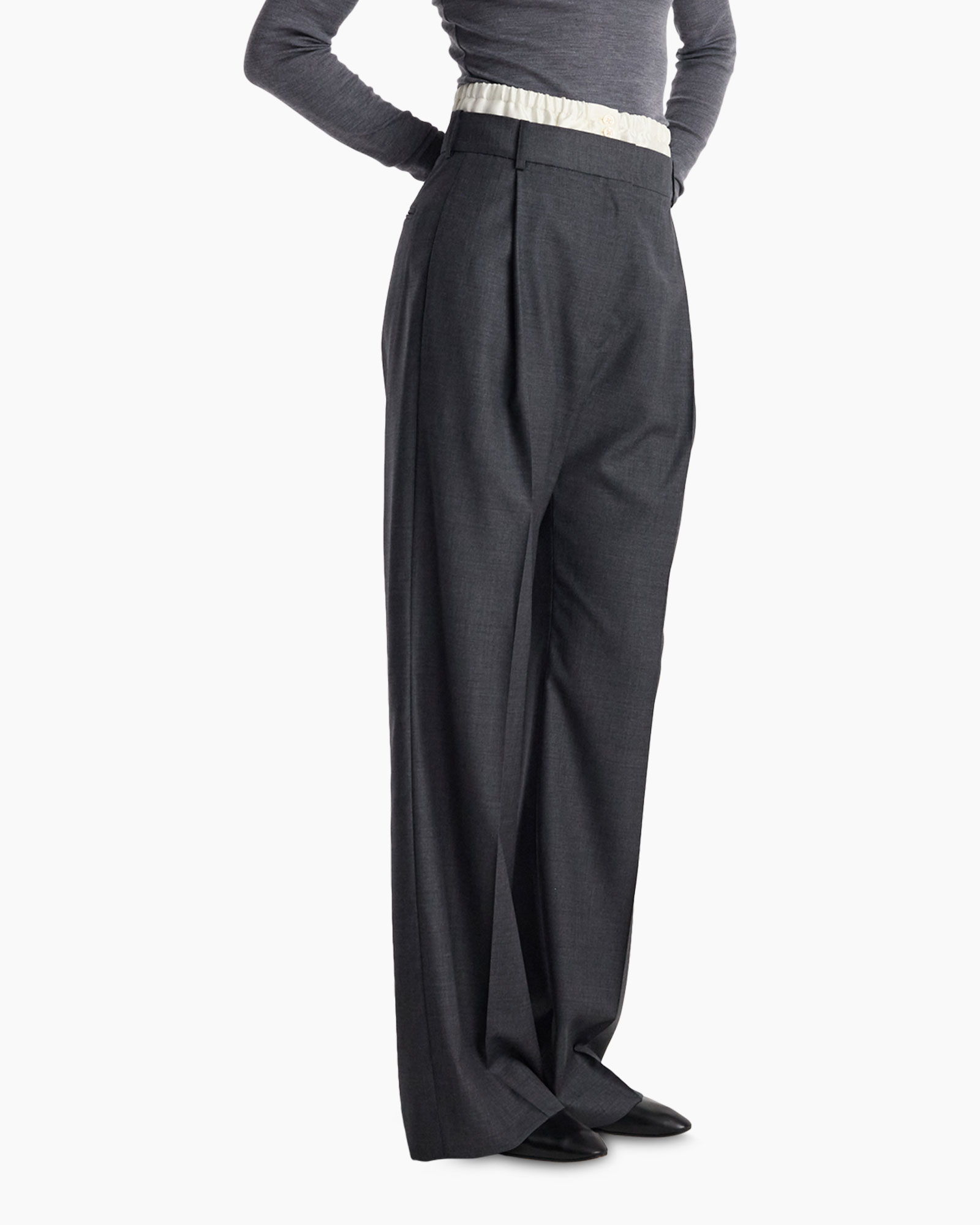 trousers, wide-leg, dark gray, pleated, linen-look