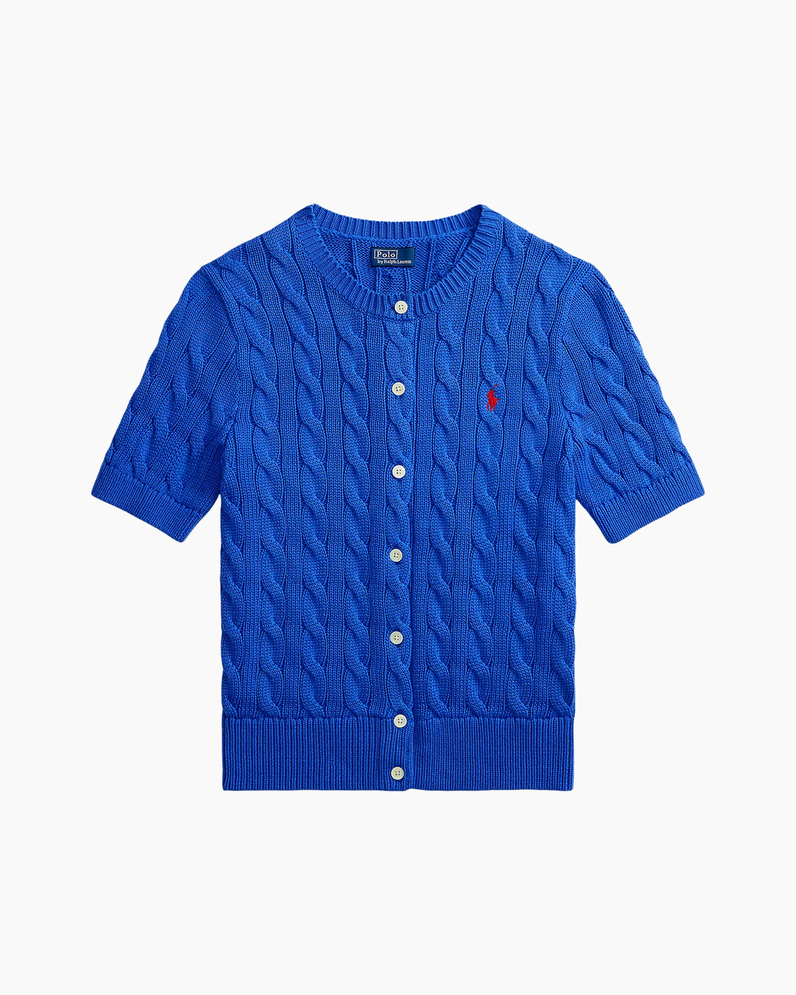 knit cardigan, cable knit, short sleeves, button front, blue