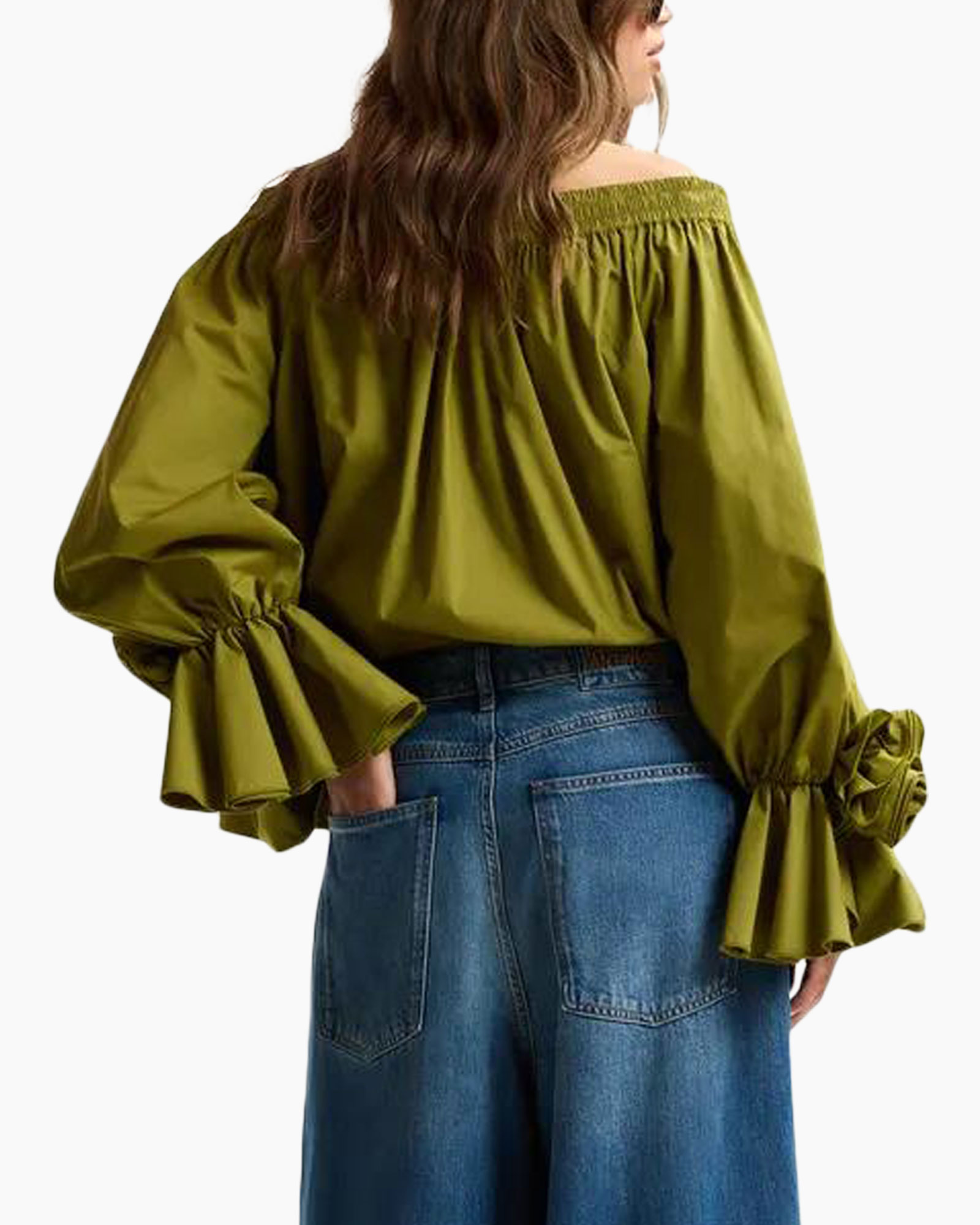 off-the-shoulder, green blouse, puff sleeves, gathered neckline, loose fit
