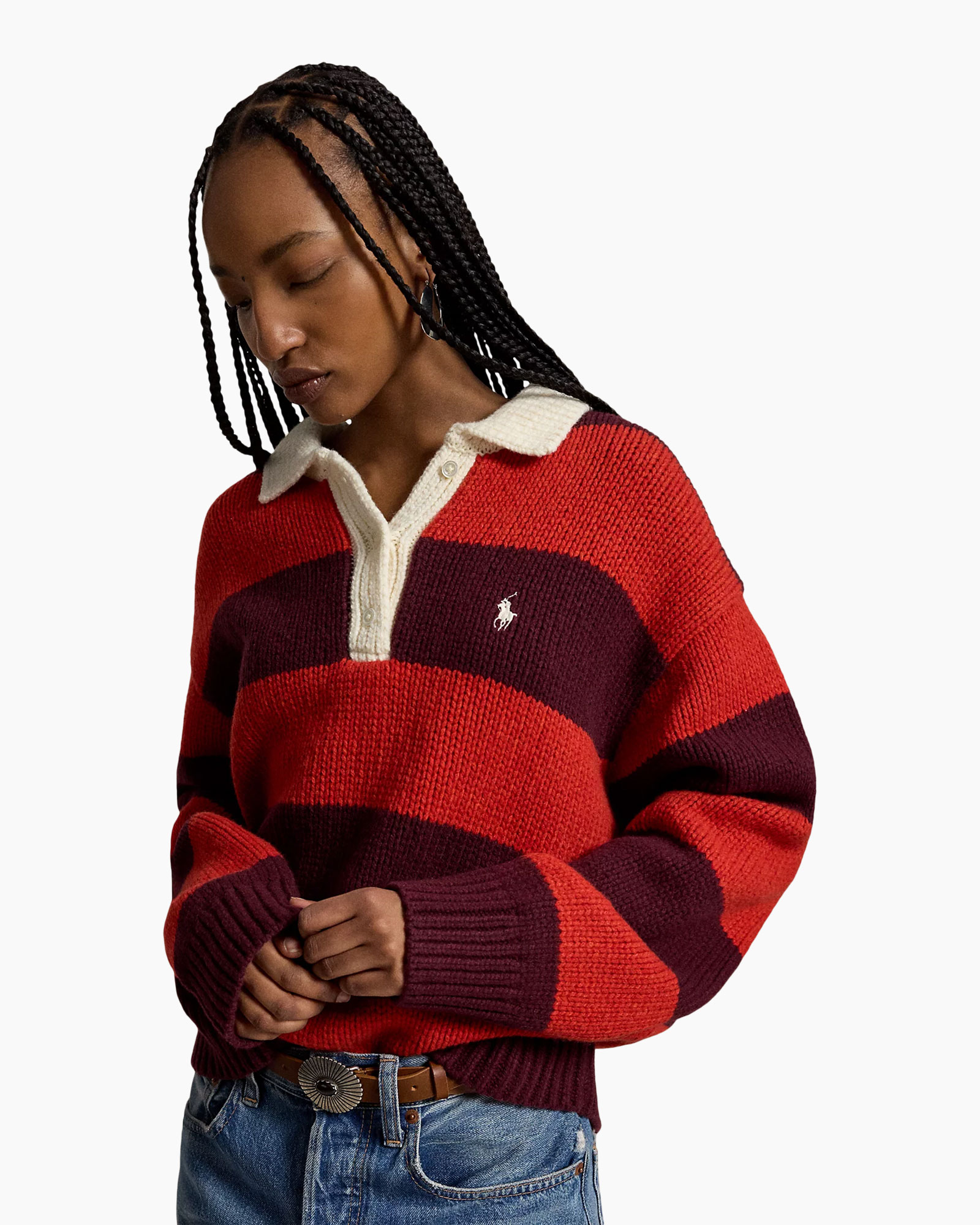 striped sweater, pullover, knit, collar, logo