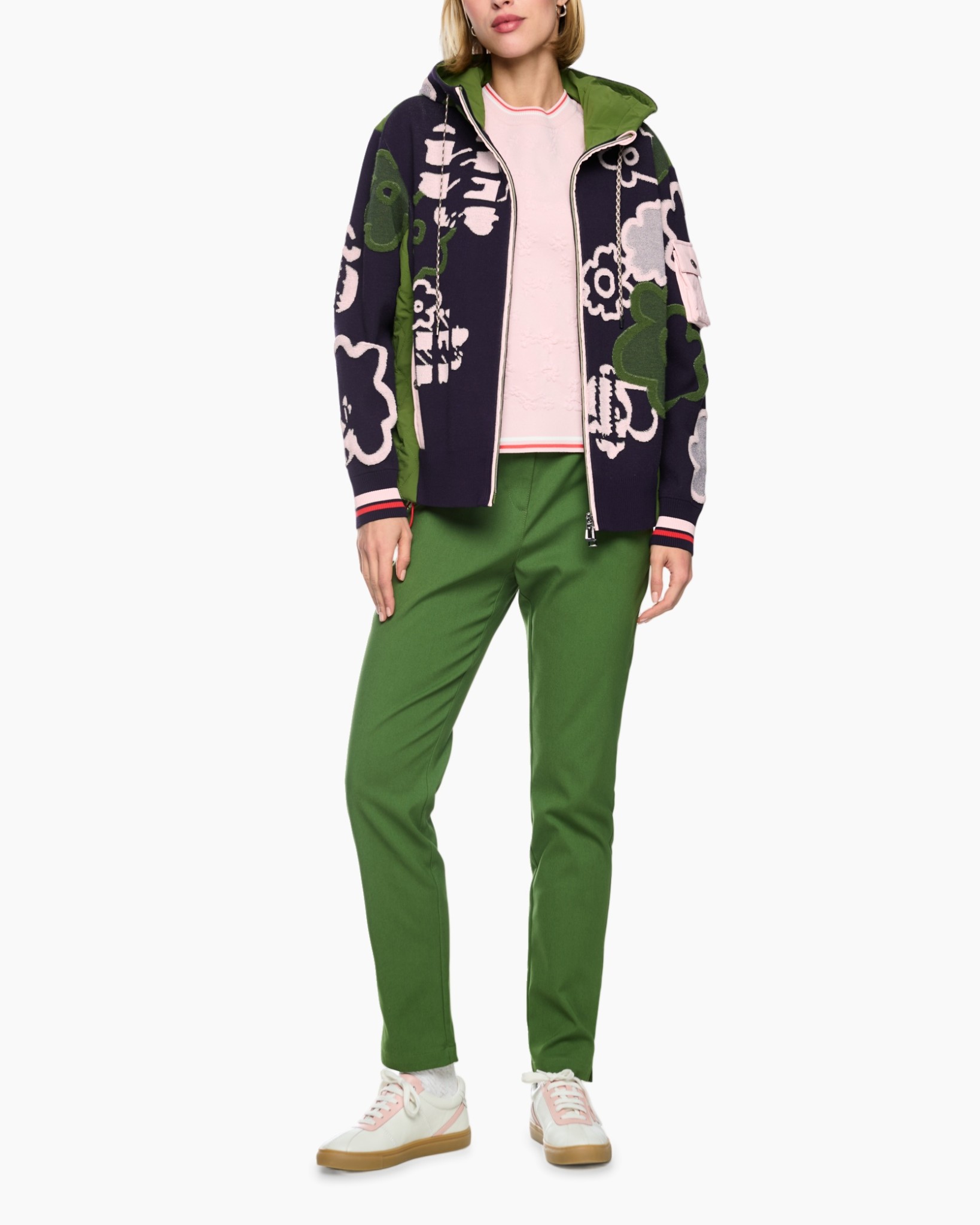 jacket, hooded, colorful, patterned, green-pants