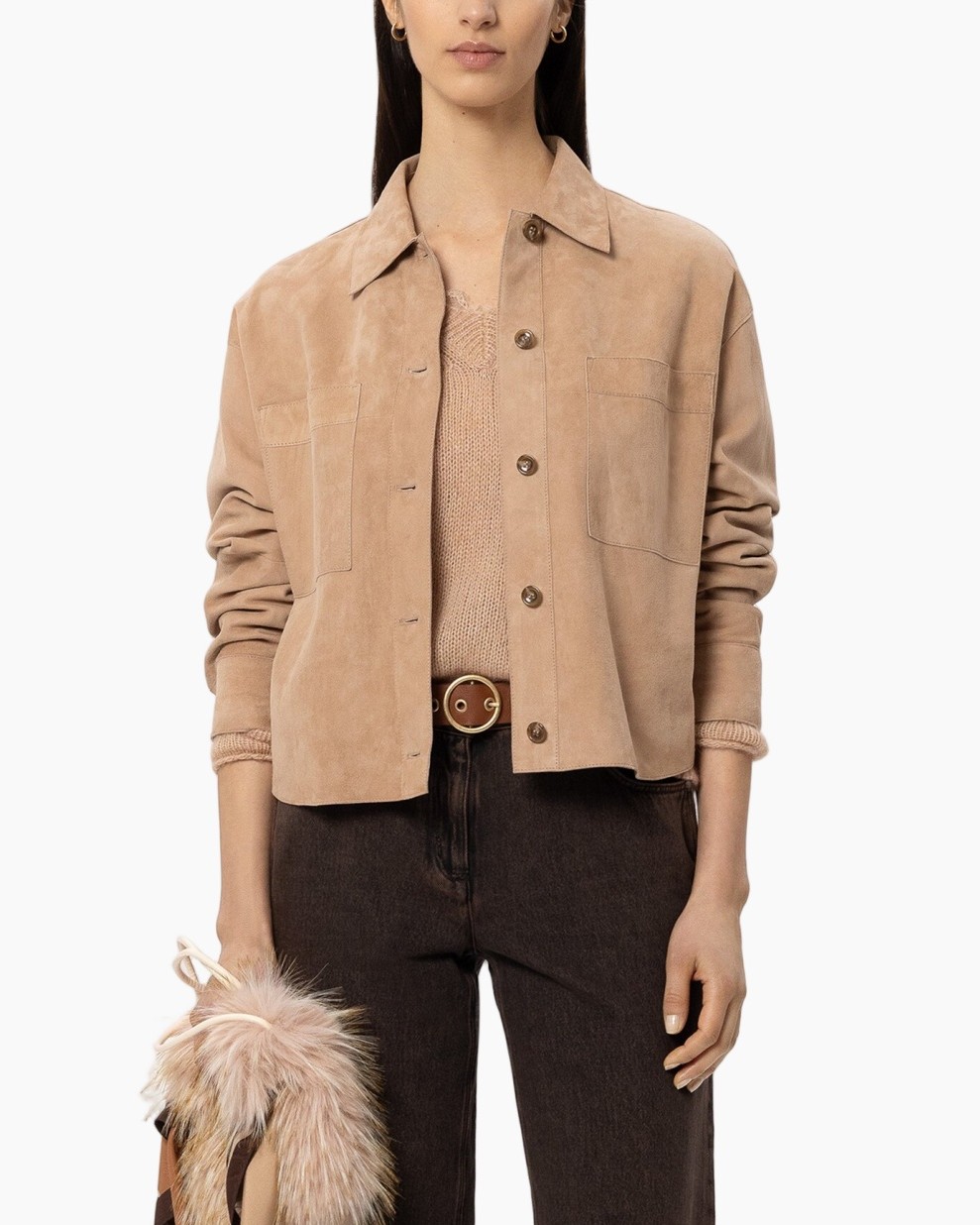 suede jacket, beige, long sleeve, button front, shirt jacket