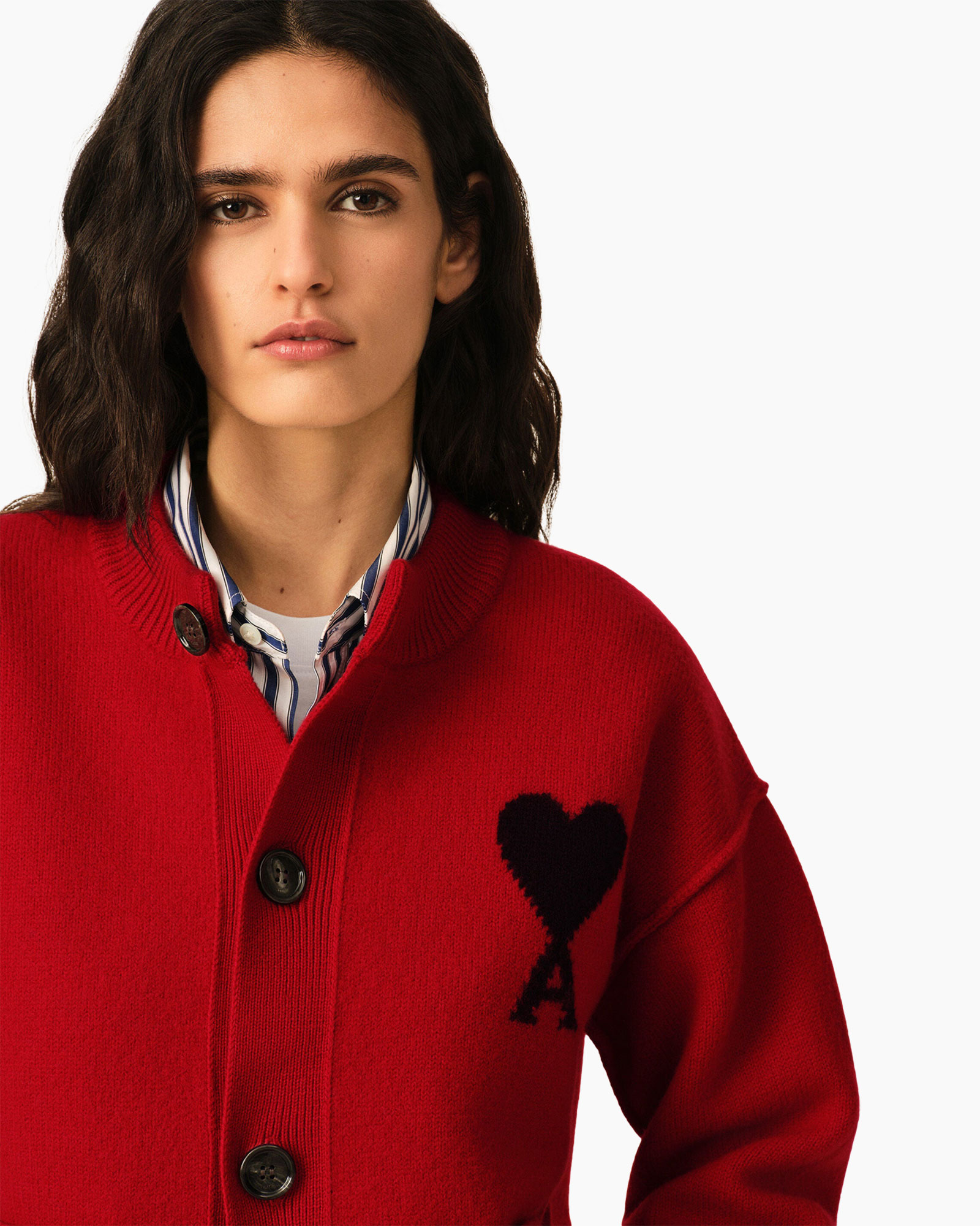 cardigan, red, heart patch, knit, buttons