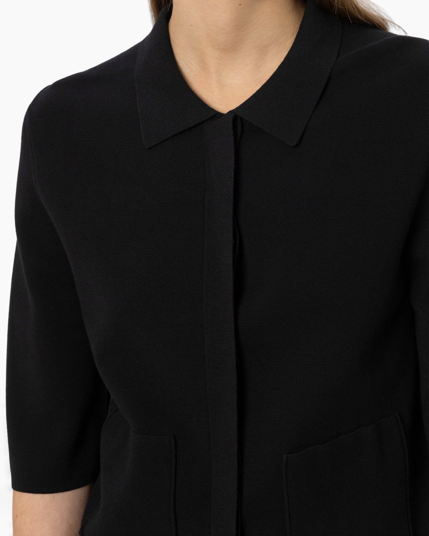 black, collar, blazer, pockets, three-quarter sleeve