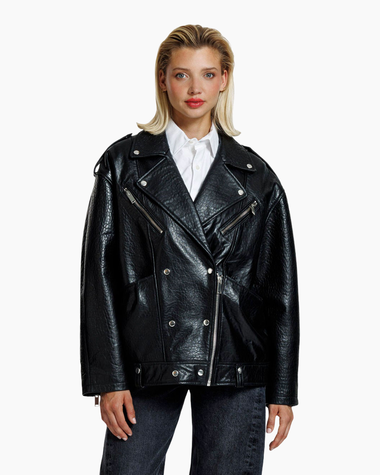 leather jacket, biker jacket, zipper, silver hardware, black