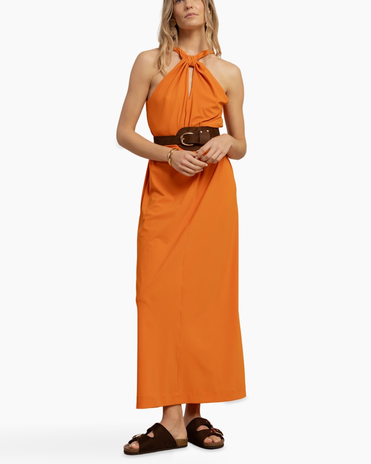 maxi dress, orange, halter neck, belted, sleeveless