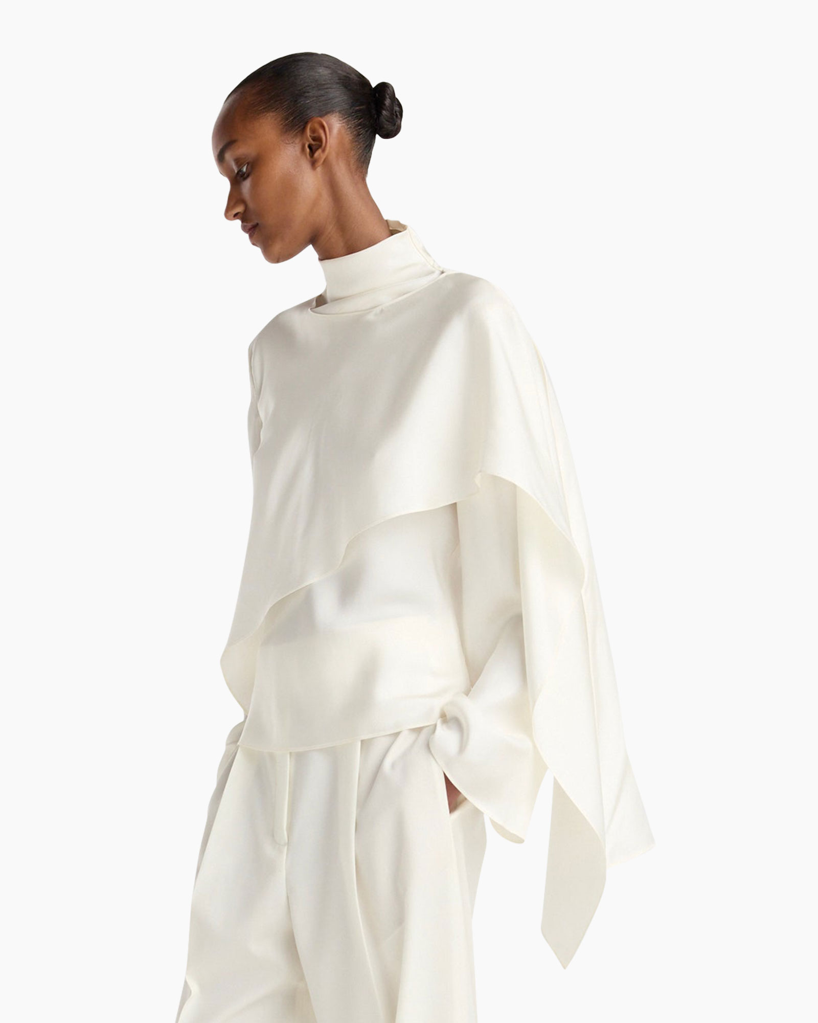 poncho, oversized, white, turtleneck, asymmetrical