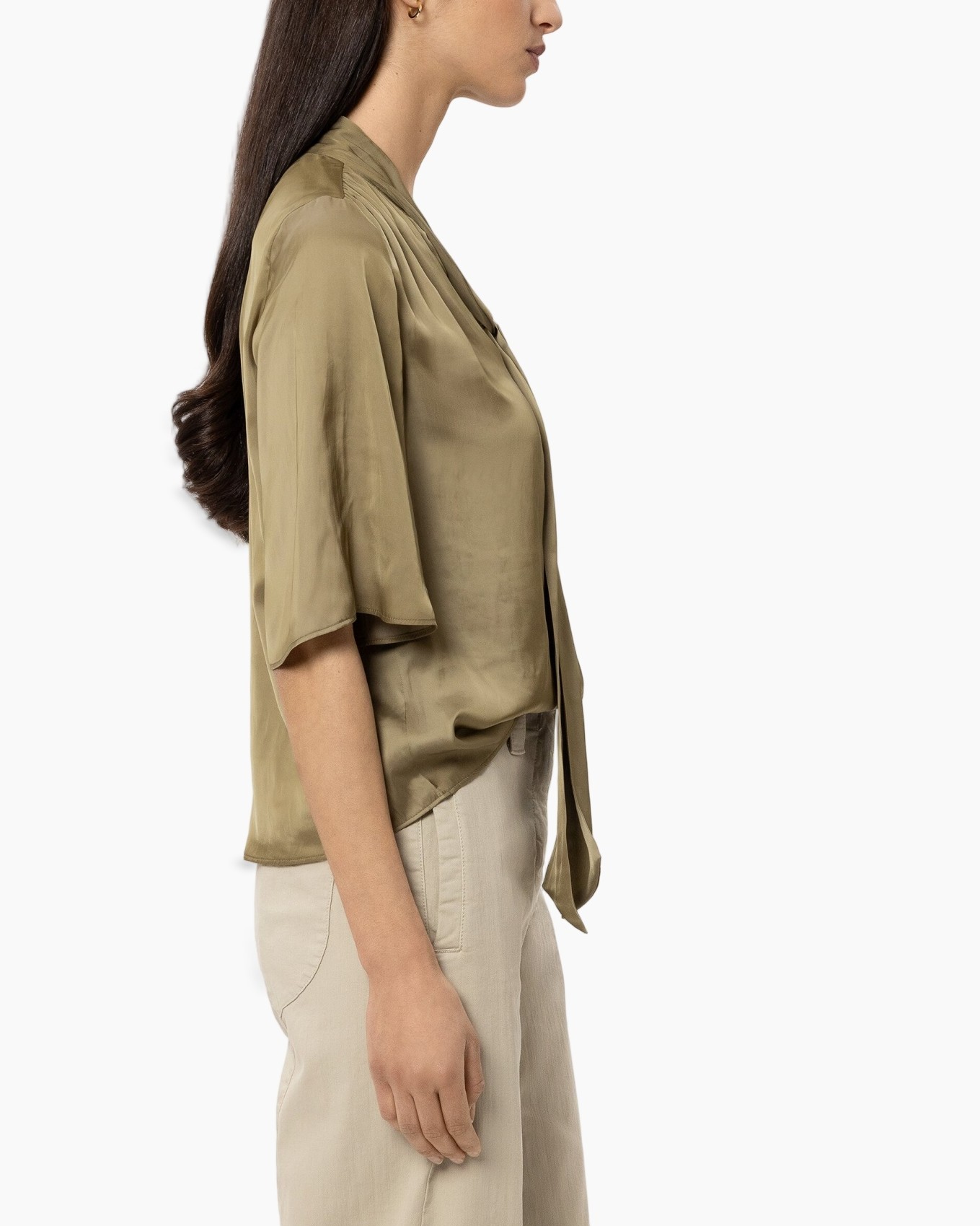 silk, blouse, olive, short-sleeve, tie-neck